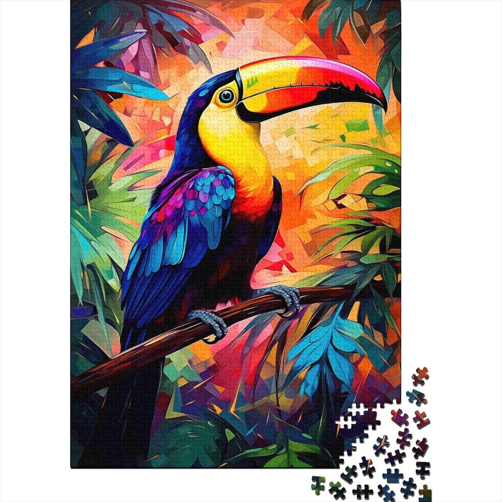 Toucan Jungle Bird 1000 Piece Jigsaw Puzzle Set for Family Sturdy Cardboard Recycled Material Home Decor Wall Art Indoor Leisure Mind Challenge Game 52x38cm/1000pcs