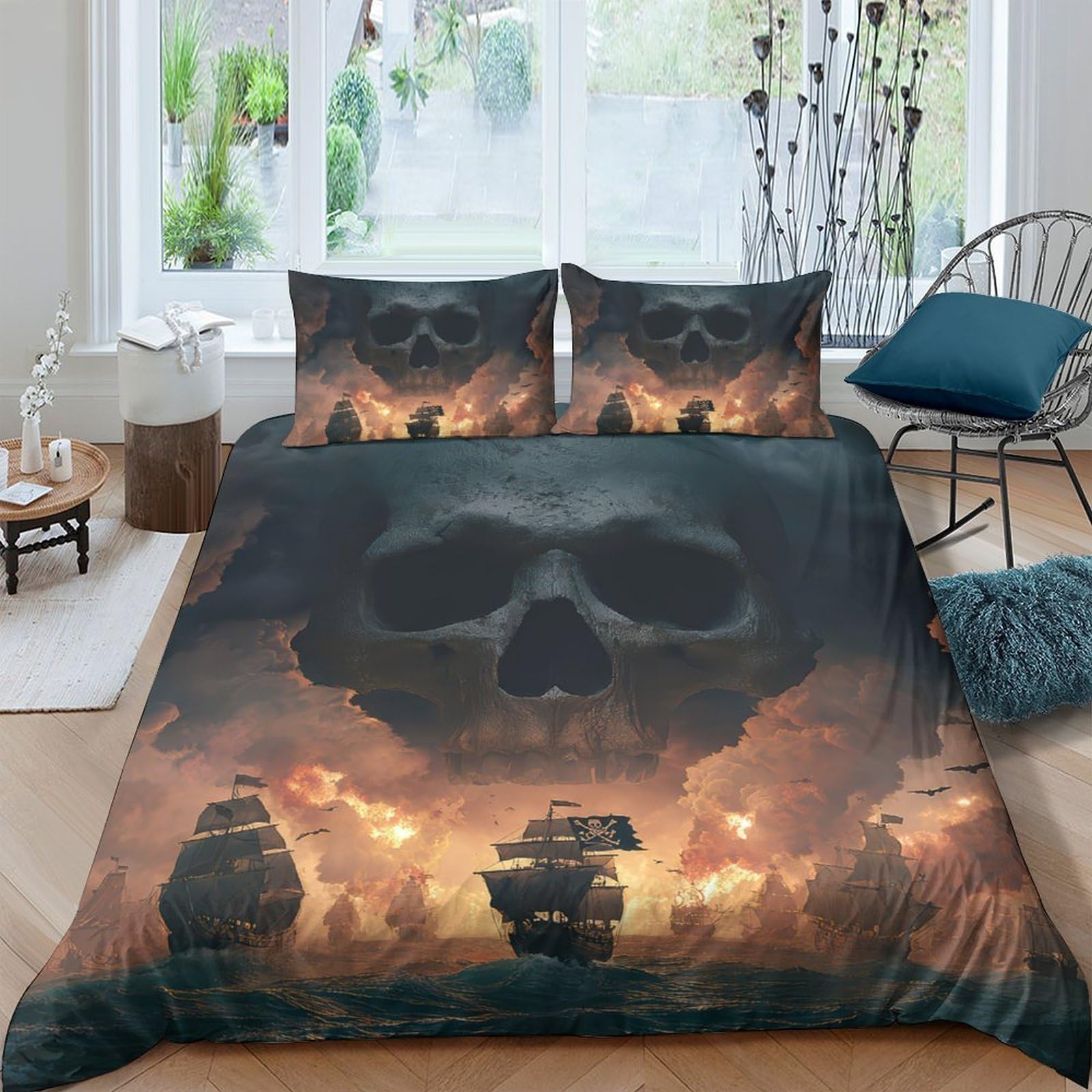 Ctjqhvkz Style-9 3D Printed Pirate Skull Fitted Sheet Microfiber Soft Non-Slip Flame Ship Bed Cover For Bedroom Guest Room Decor Single（135X200cm）