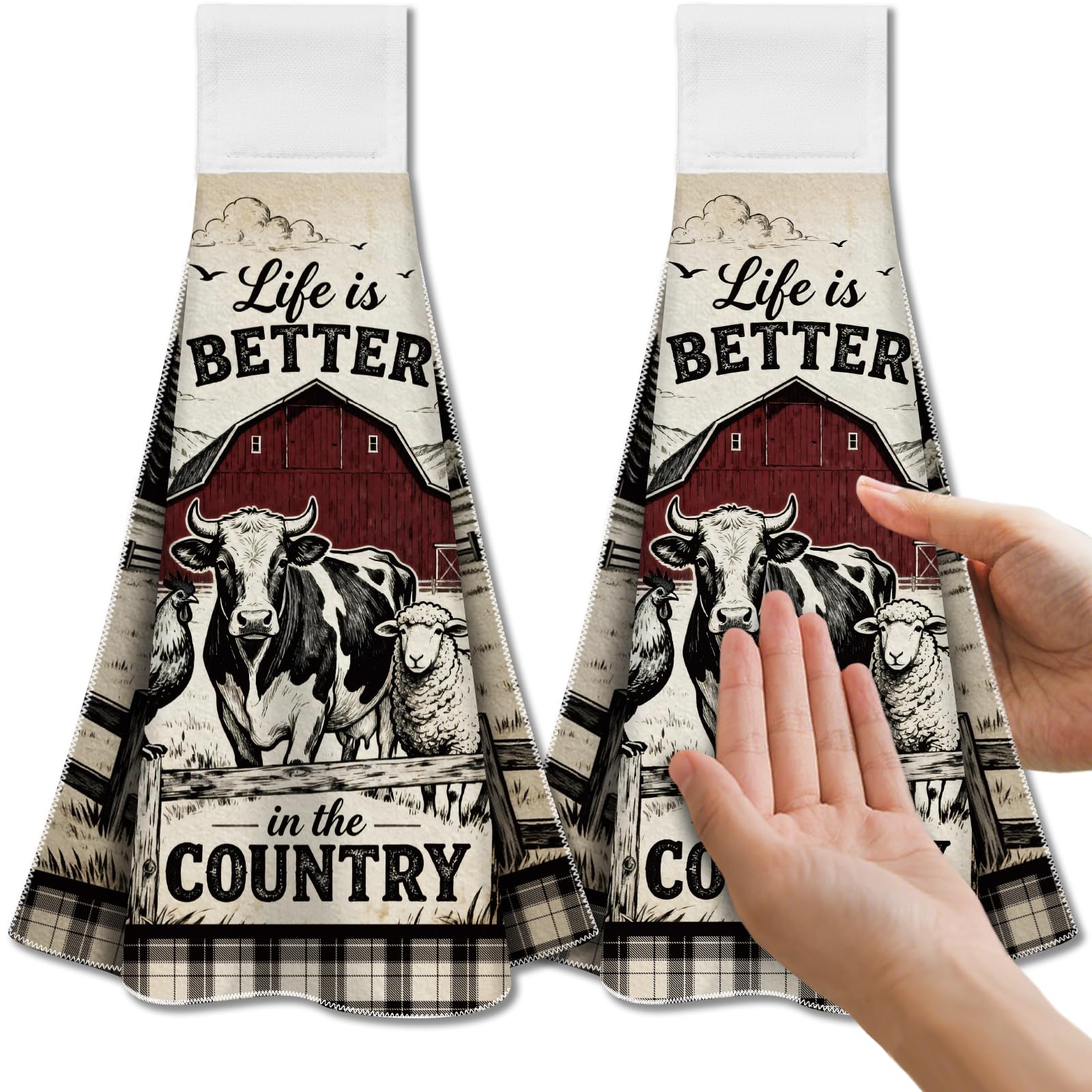 CUTHOLLOW 2 Pcs Sketch Farm Hanging Kitchen Towels with Loop
