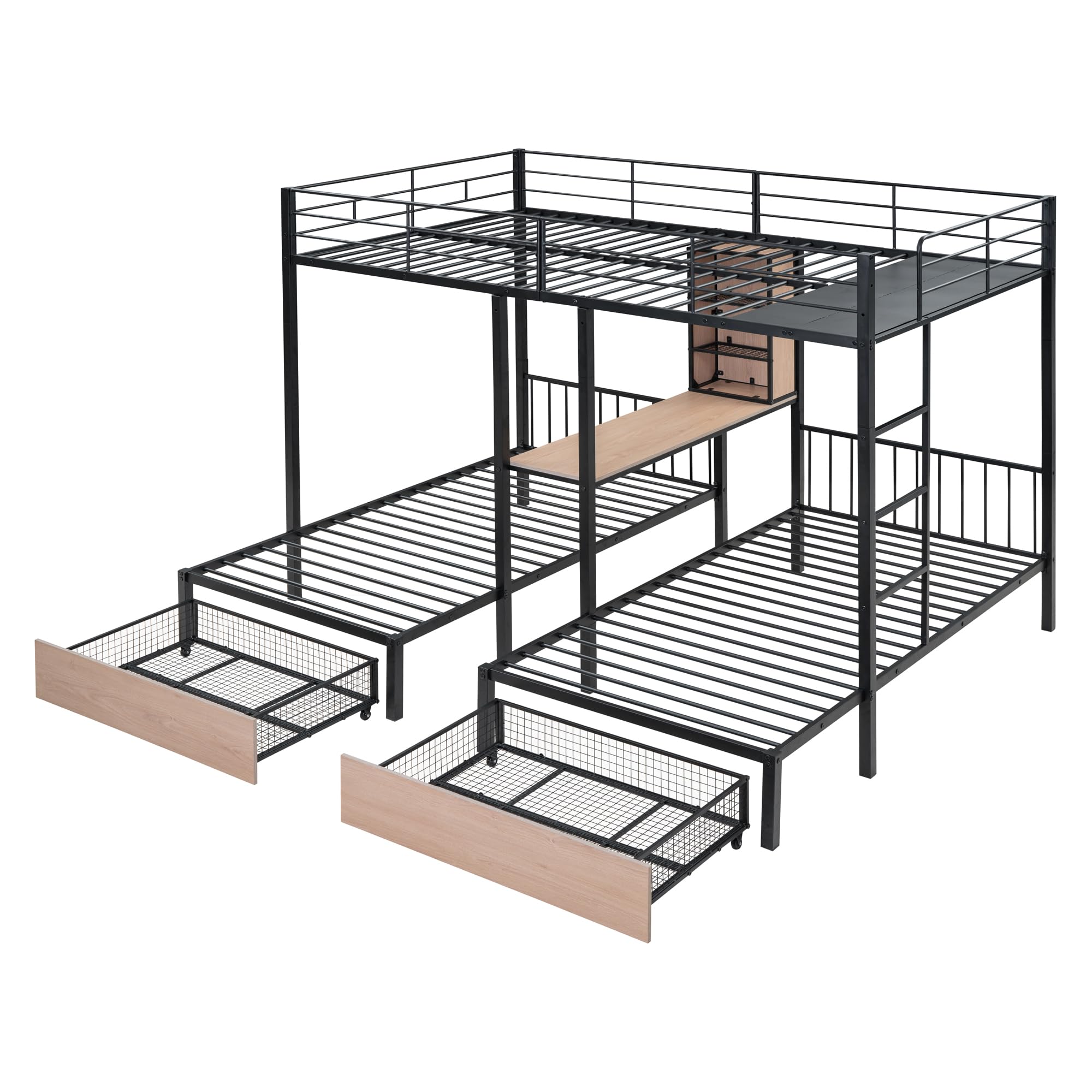 Triple Bunk Beds for Kids, Full Over Twin & Twin Bunk Bed with Desk and Storage, 3 Bunk Beds with 2 Drawers and Bookcase, Triple Bunk Beds for Kids, Teens, Full Over Twin & Twin Bunk Bed Black
