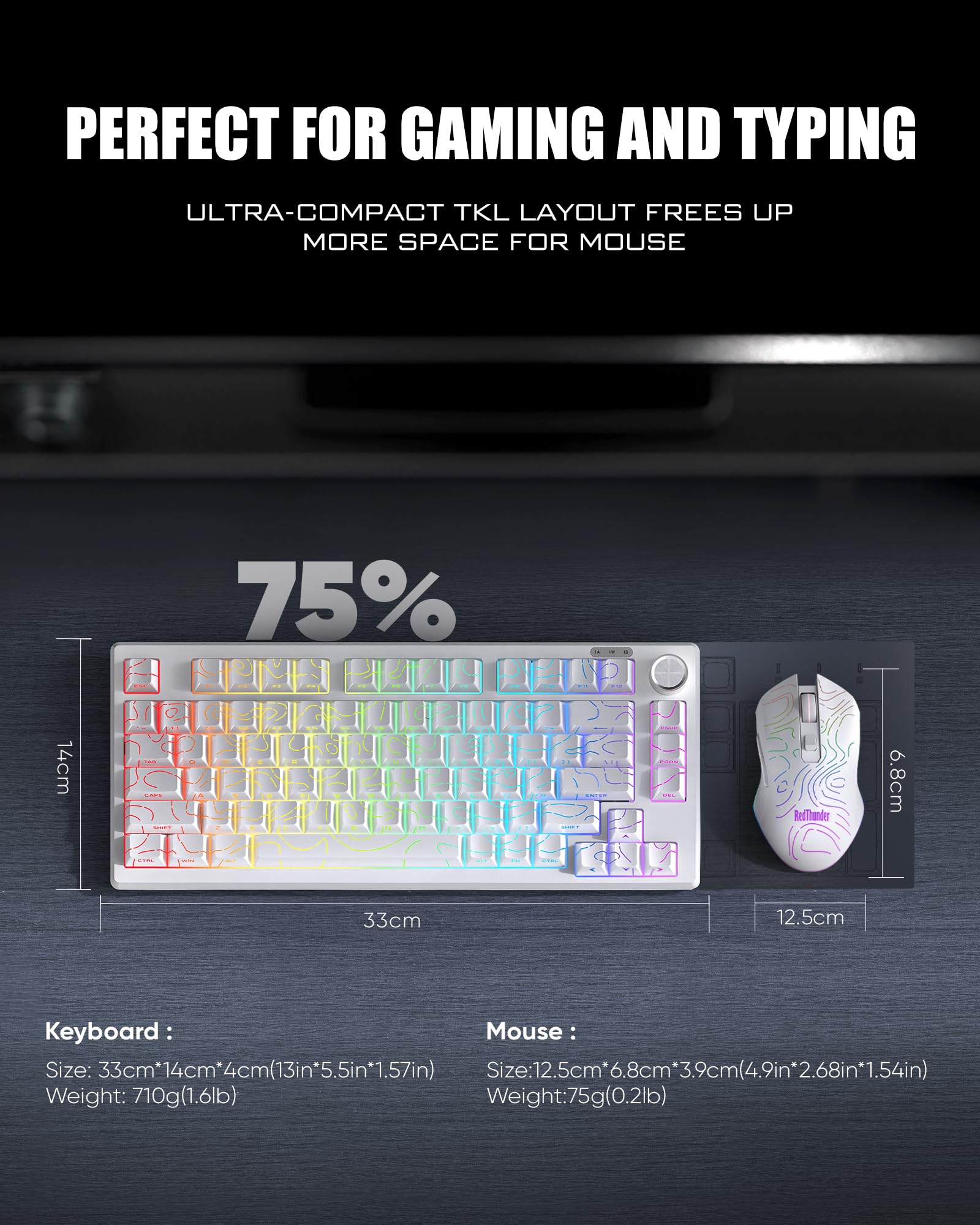 RedThunder K75 75% Wireless Membrane Keyboard and Mouse,3-Mode 2.4G/BT/USB-C,US Layout Side-Engraved,Volume Knob,TKL Ultra Compact Design,Optical Gaming Mouse with 4800DPI for PC Mac (Contour White) — view 7