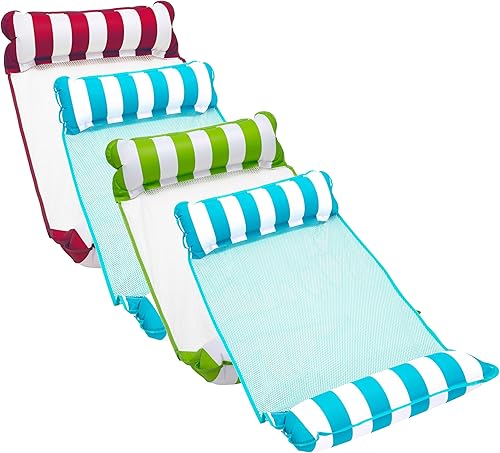Aqua Monterey - Hamaca flotante para piscina, paquete de 4, dos azul claro, uno verde lima y uno borgoñarayas blancas, paquete de 4