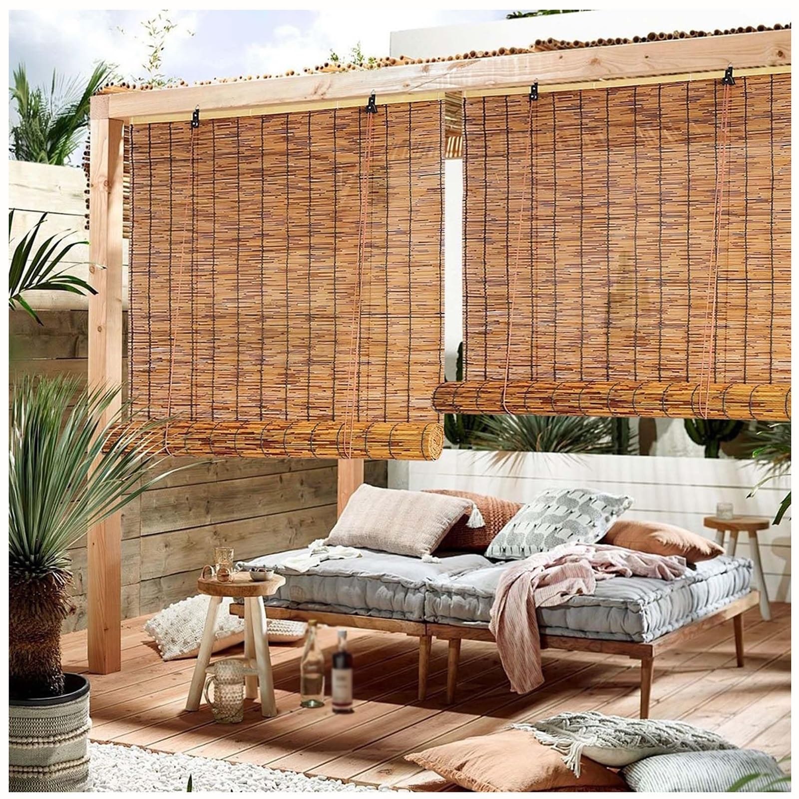 CMJYMX Blackout Bamboo Roller Blinds, Weather-Resistant Breathable Privacy Screen Cordless Roman Roller Shade For Porch, Patio & Interior Windows(110x180CM/43x71IN(WxH))