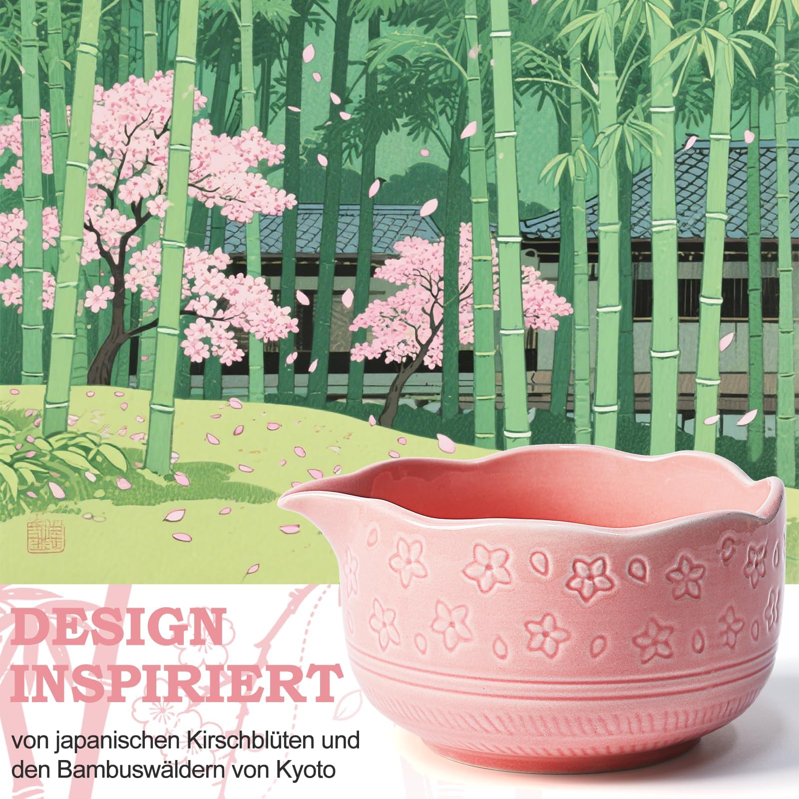 Matcha Set Aus Keramik | 8-teilig, Handgefertigt | Rosa Gesprenkelte Glasur | Spülmaschinenfest