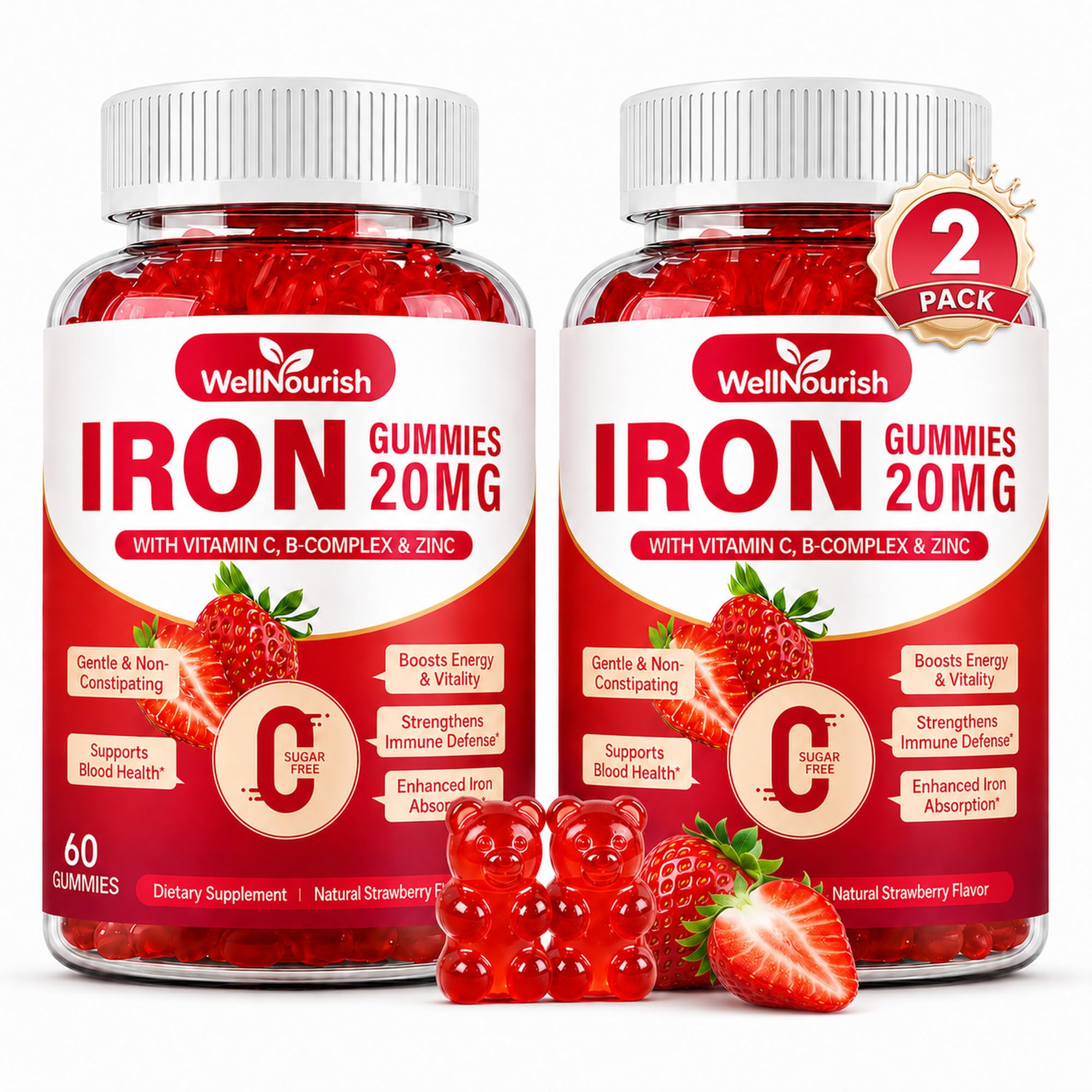 Iron Supplement Gummies, 20mg, Women & Kids, 2 Pack, 120 Count 60 Count (Pack of 2)