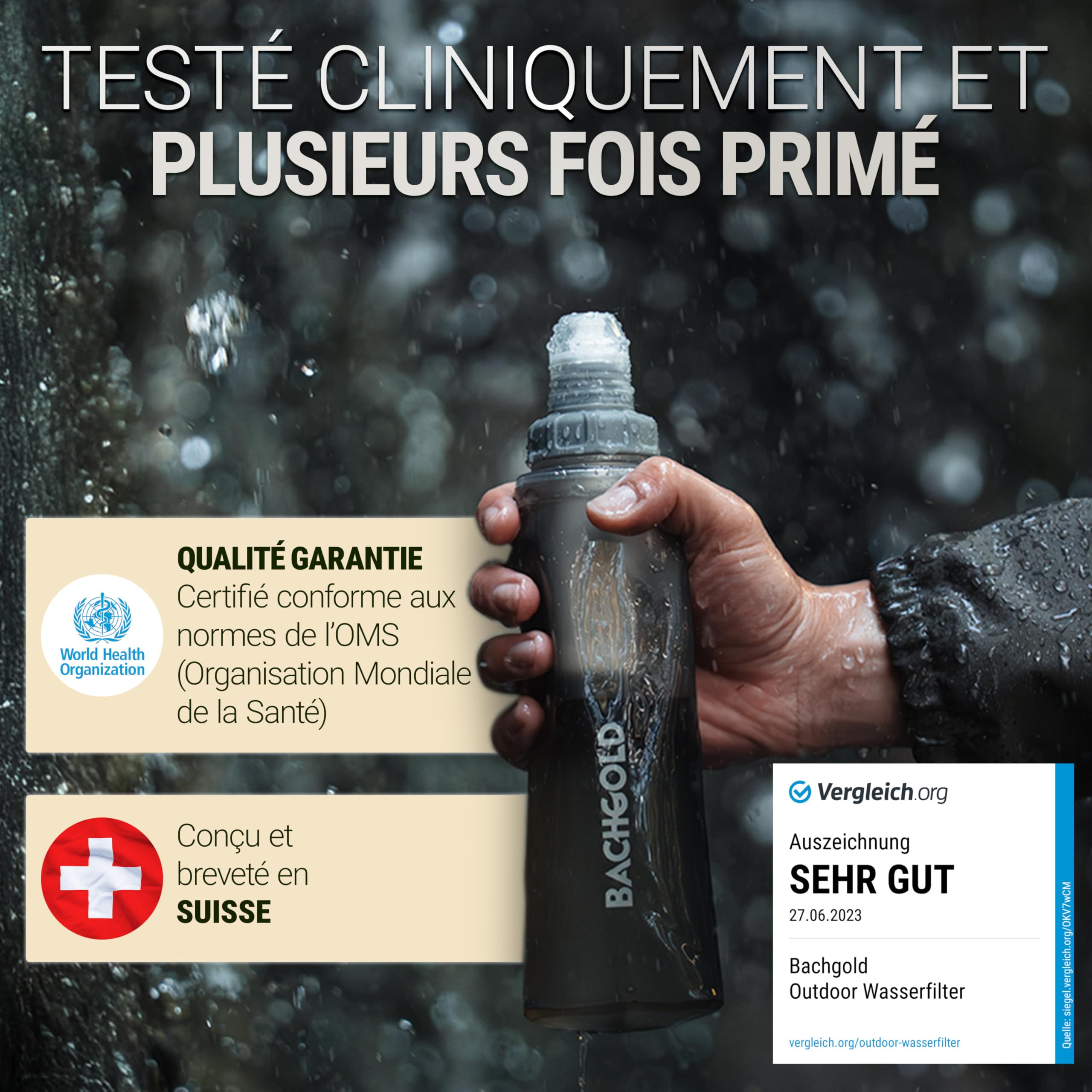 Bachgold Squeeze Gourde Filtrante Filtre Eau Survie Ultra-Léger Filtre Virus Bactéries Microplastiques Camping Randonnée Outdoor
