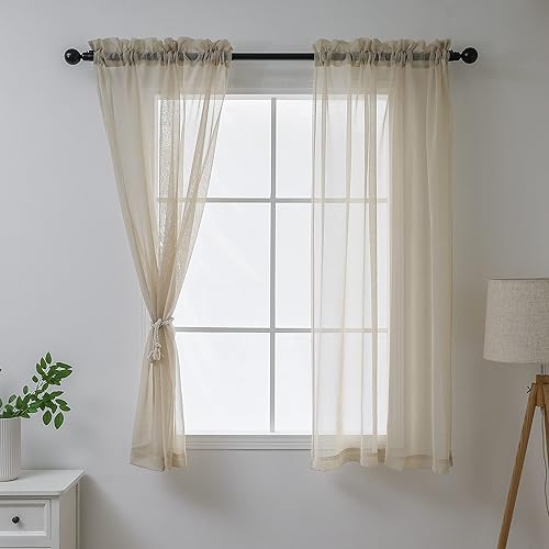 Demetex Sheer Curtain 63 Inches Lenght for Living Room Cream Sheer Curtain Short Window Drape for Bedroom Kitchen, 2 Panels, 54x63 inch, Linen