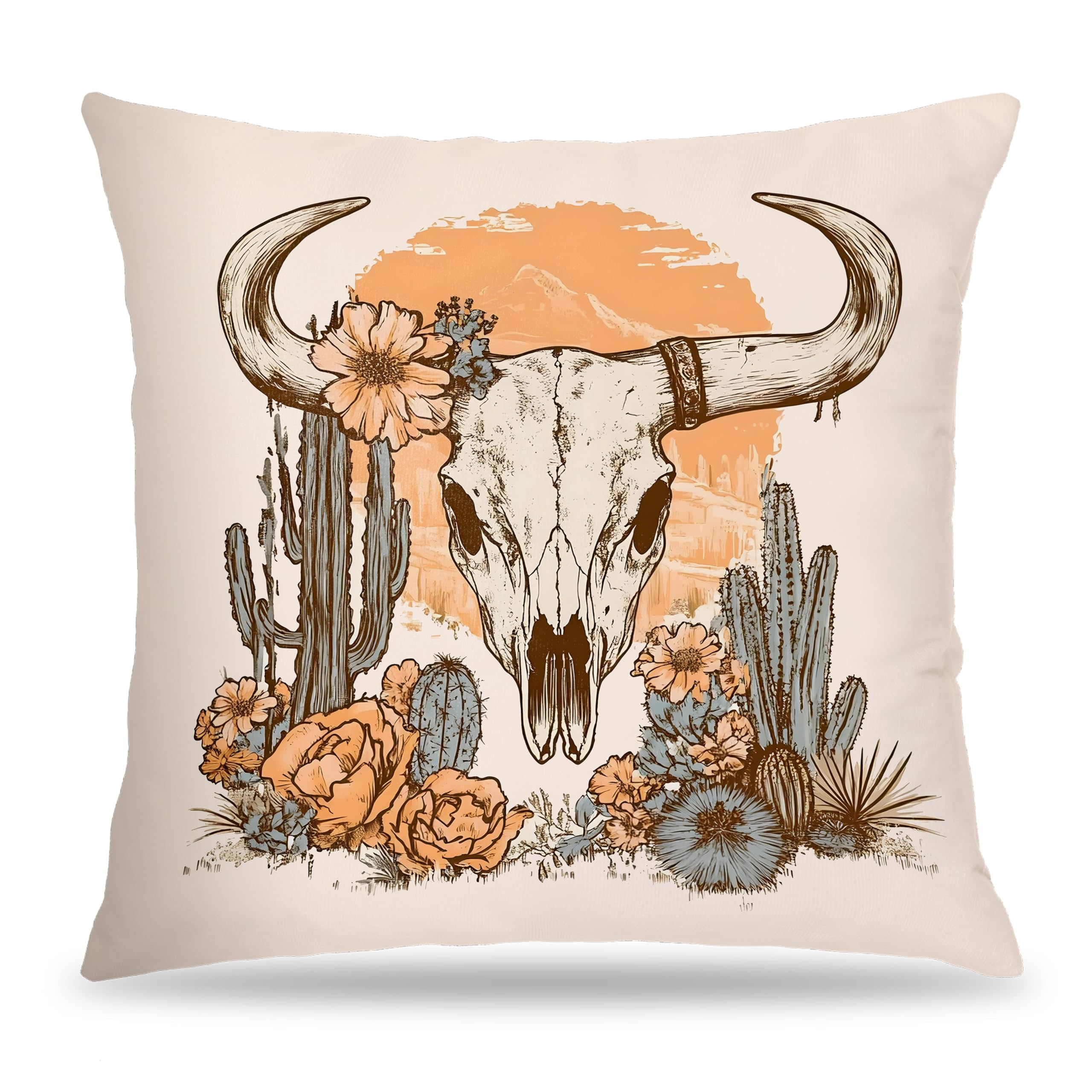 FITIE Vintage Boho Western Cow Skull Pillow Covers 18x18 Rustic Country Southwestern Cactus Desert Decorative Throw Pillow Covers