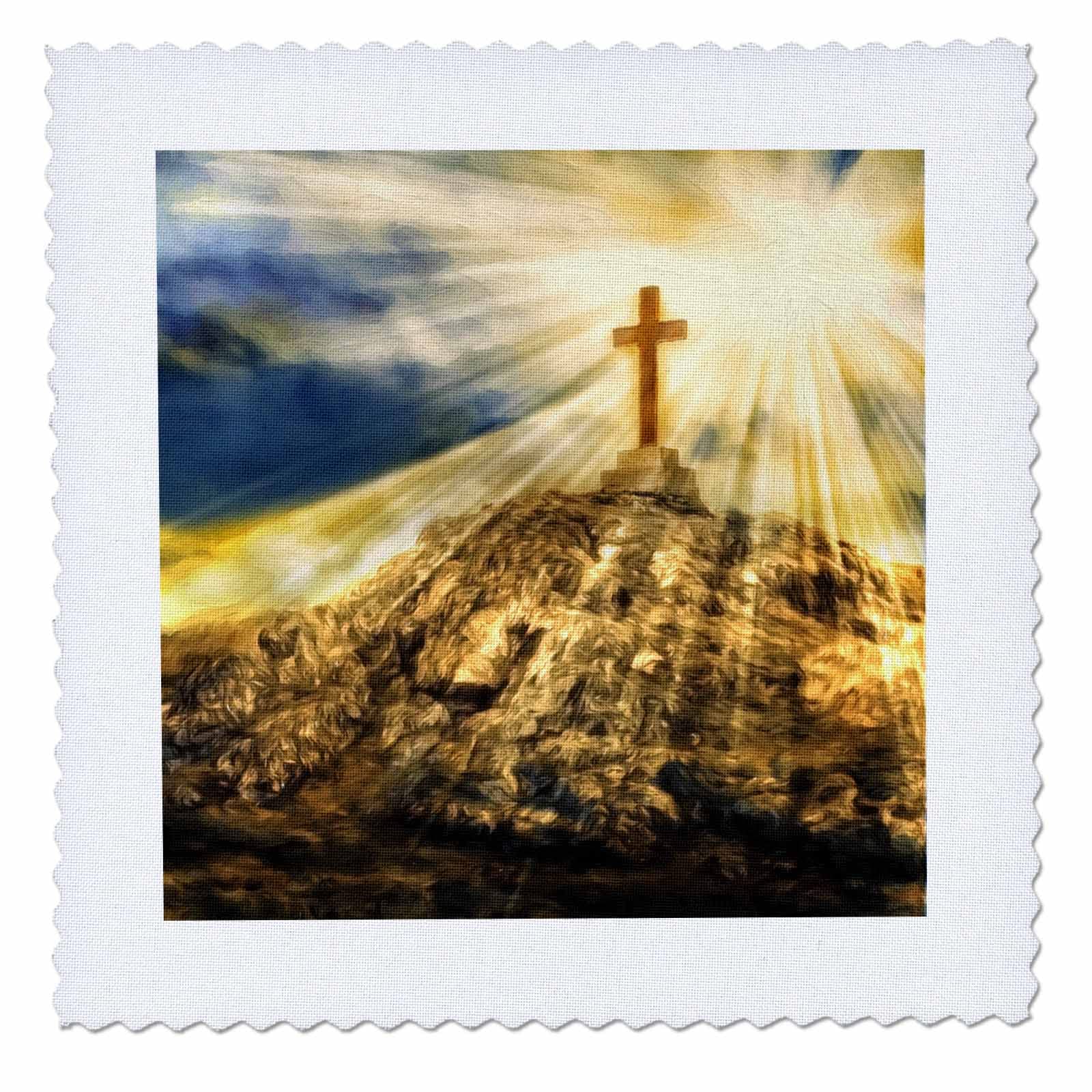 3dRose 10x10 inch Quilt Square, Religious Painting of a Golden Cross on a Hill for