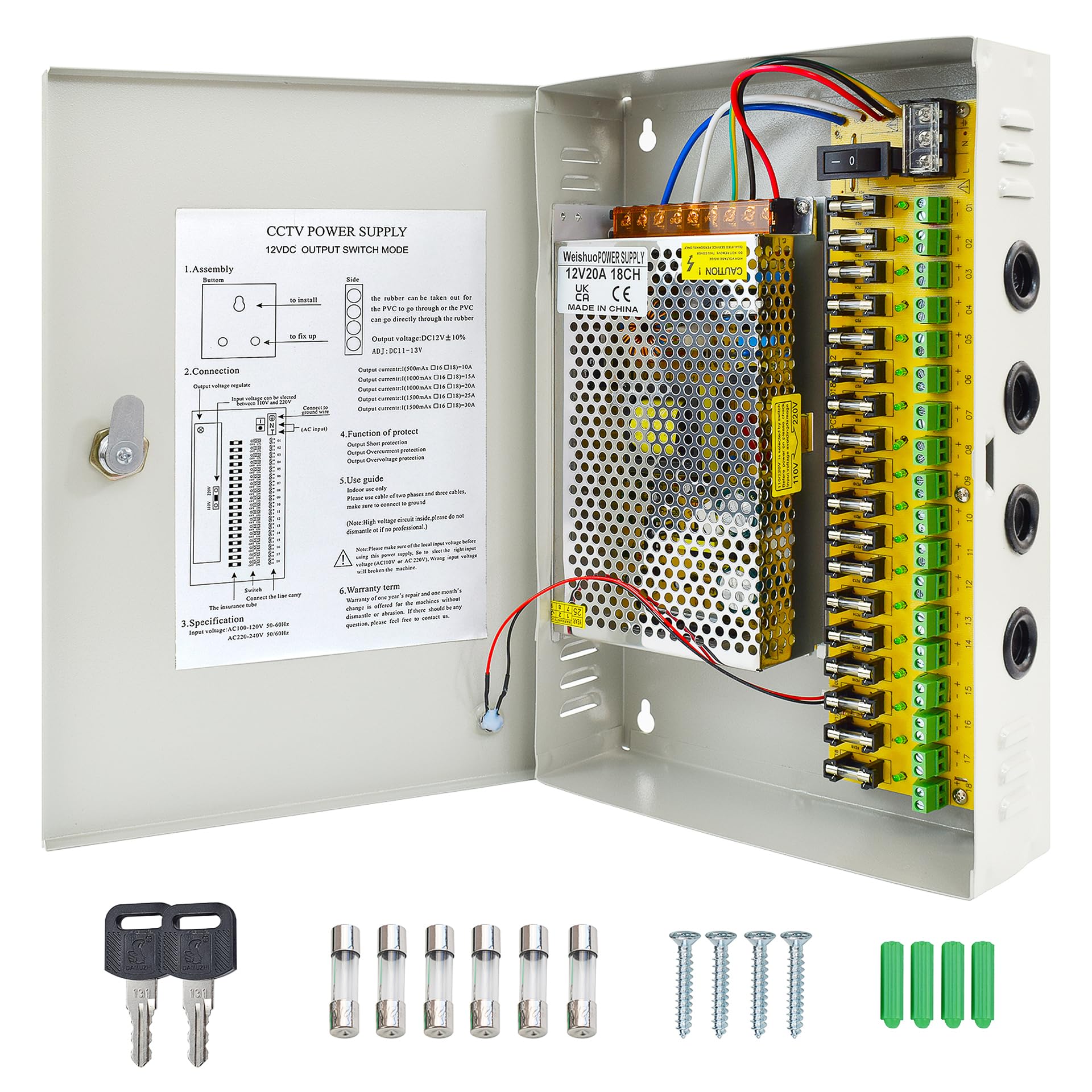 Alimentatore CCTV 12V 20A 240W, Scatola di Alimentazione Interruttore 18 Canali, Alimentazione Centralizzata per Telecamere di Sorveglianza, Striscia LED, Illuminazione Esterna, Apparecchi Industriali