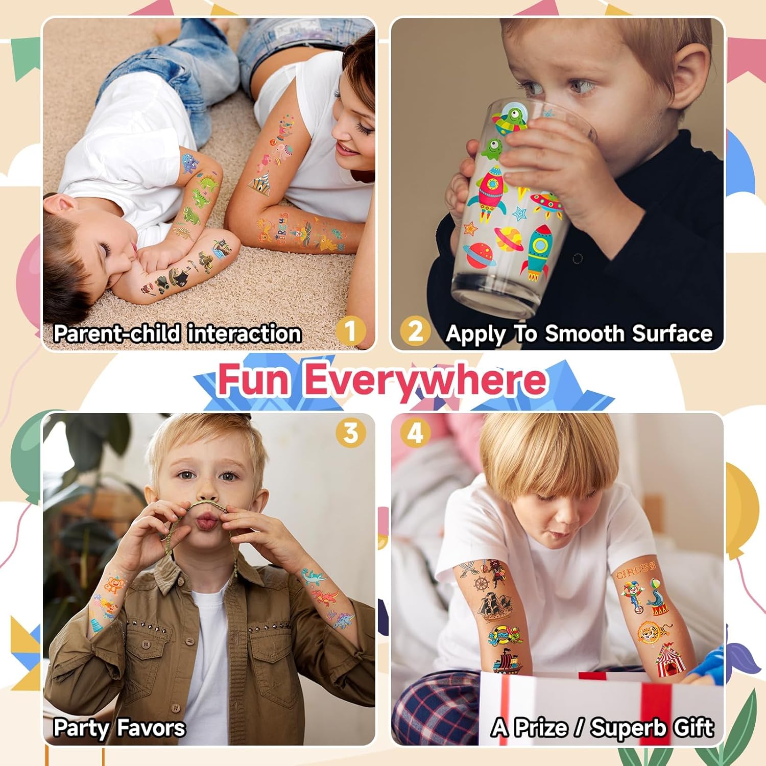 Lápices De Tatuajes Para Niños, Juego De Tatuajes Con Purpurina 6 Rotuladores De Tatuajes Con Purpurina Y 8 Recambios, 4 Plantillas, 4 Adhesivos Luminosos Para Tatuajes, 55 Pedrería, Fiestas