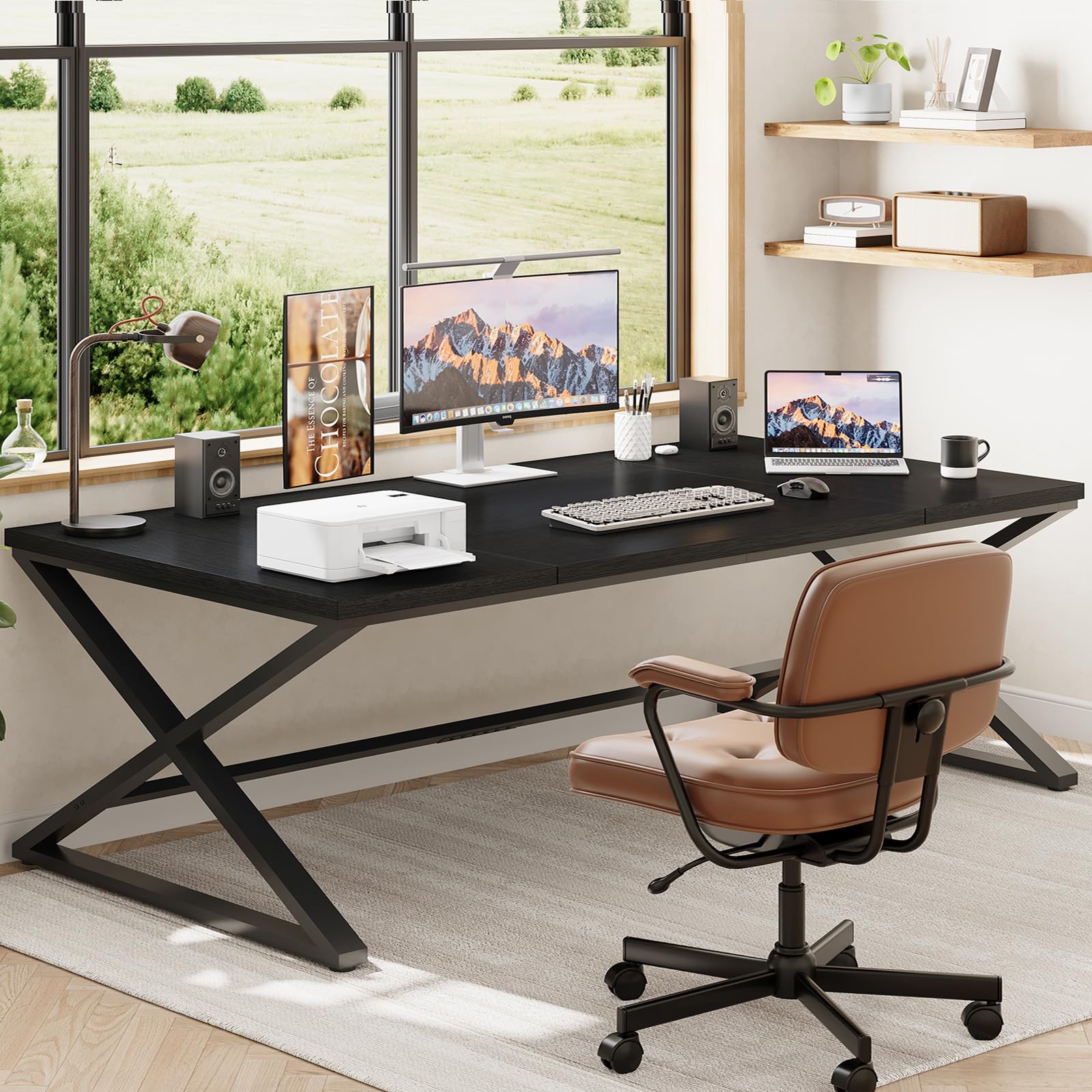 IBF Escritorio Negro, Escritorio Grande de Trabajo para Oficina en Casa, Escritorio de Computadora de 200 cm de Largo, Escritorio de Estudio Amplio y Simple para Escribir, Estación de Trabajo