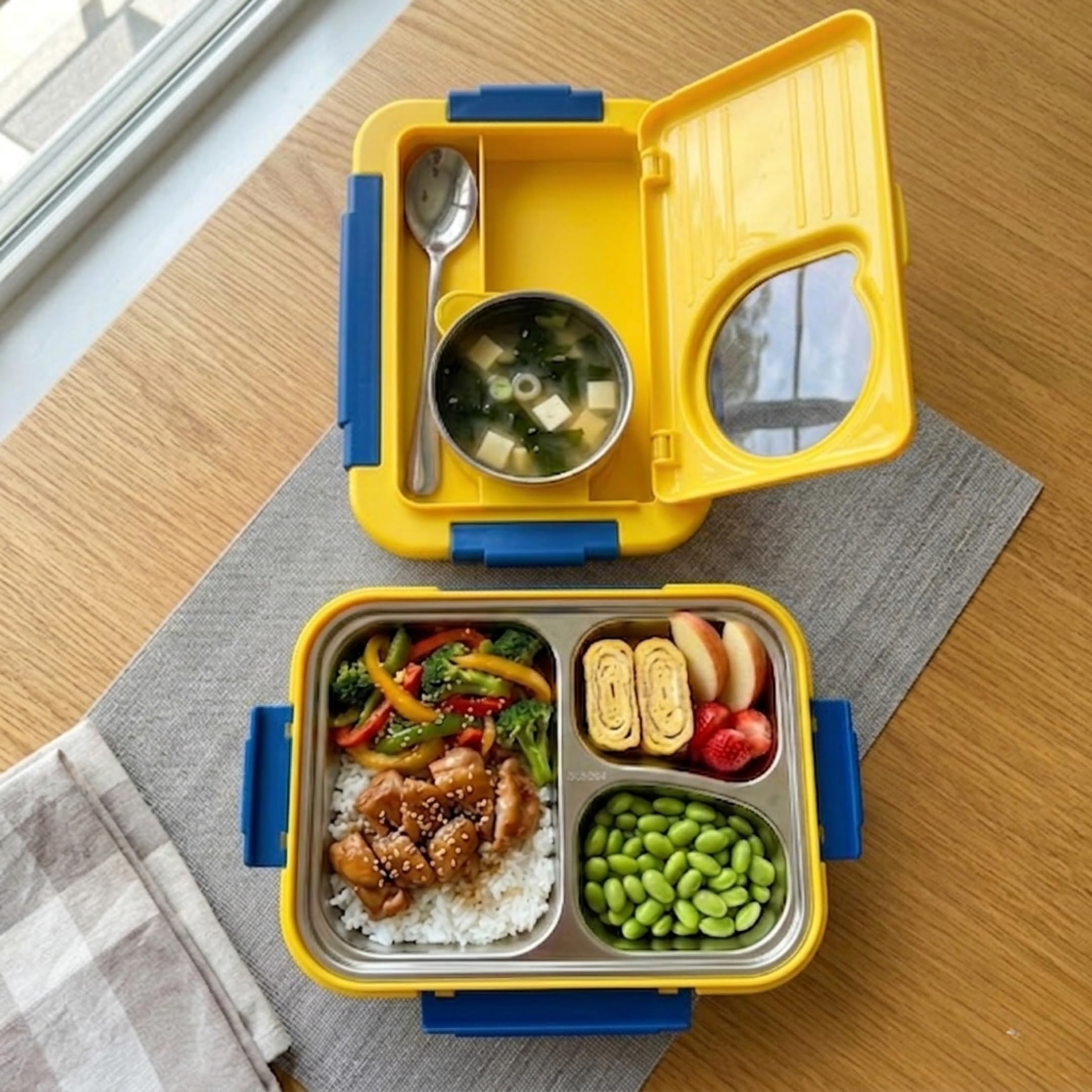 Kitchen Bloom Stainless Steel Bento Lunch Box 3 Compartment with Steel Cutlery, Heating Insulation | Lunch Box for Office Men, Women & Kids | Tiffin Box (Blue & Yellow) 1000 ML