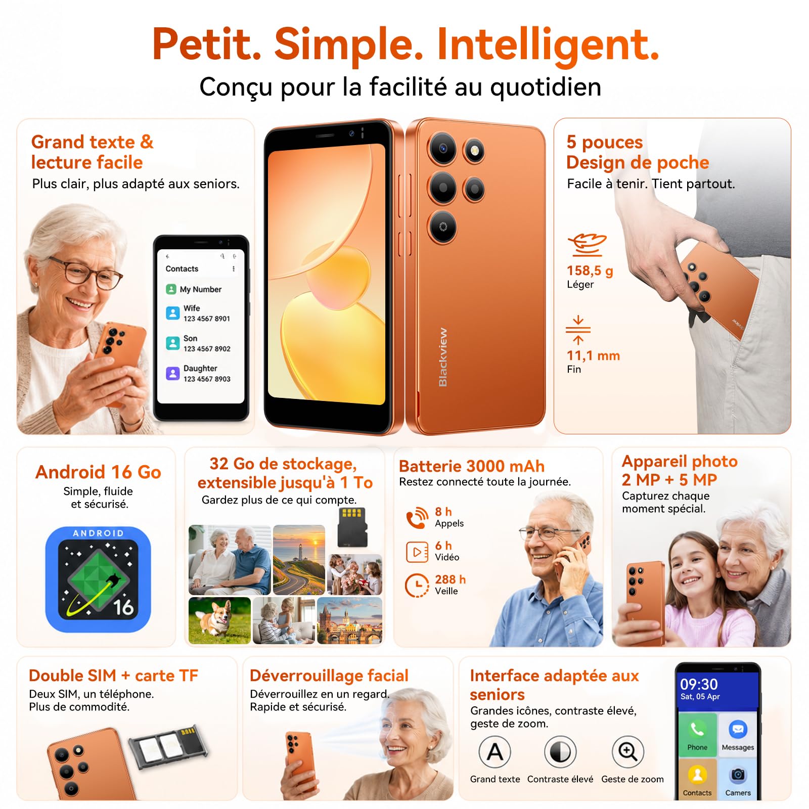 Blackview Wave 2C 5'' Telefono Portatile Mini Smartphone Android 16GB 9+32GB (ext 1TB) Dual SIM, Face ID/GPS, Compatibile Arancione, SFR, Bouygues, Free Mobile - Arancione