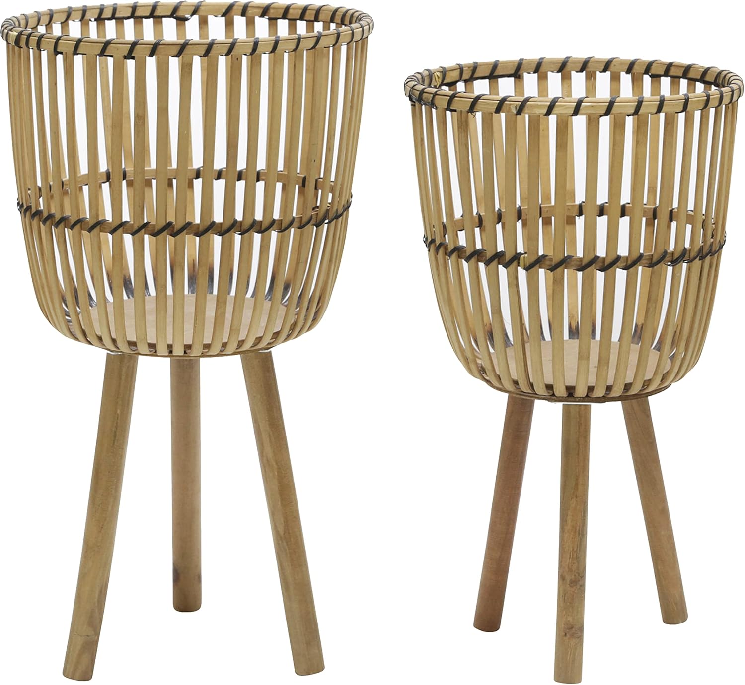 Natural Bamboo and Wood Tri-footed Planter Set for Indoor/Outdoor Decor