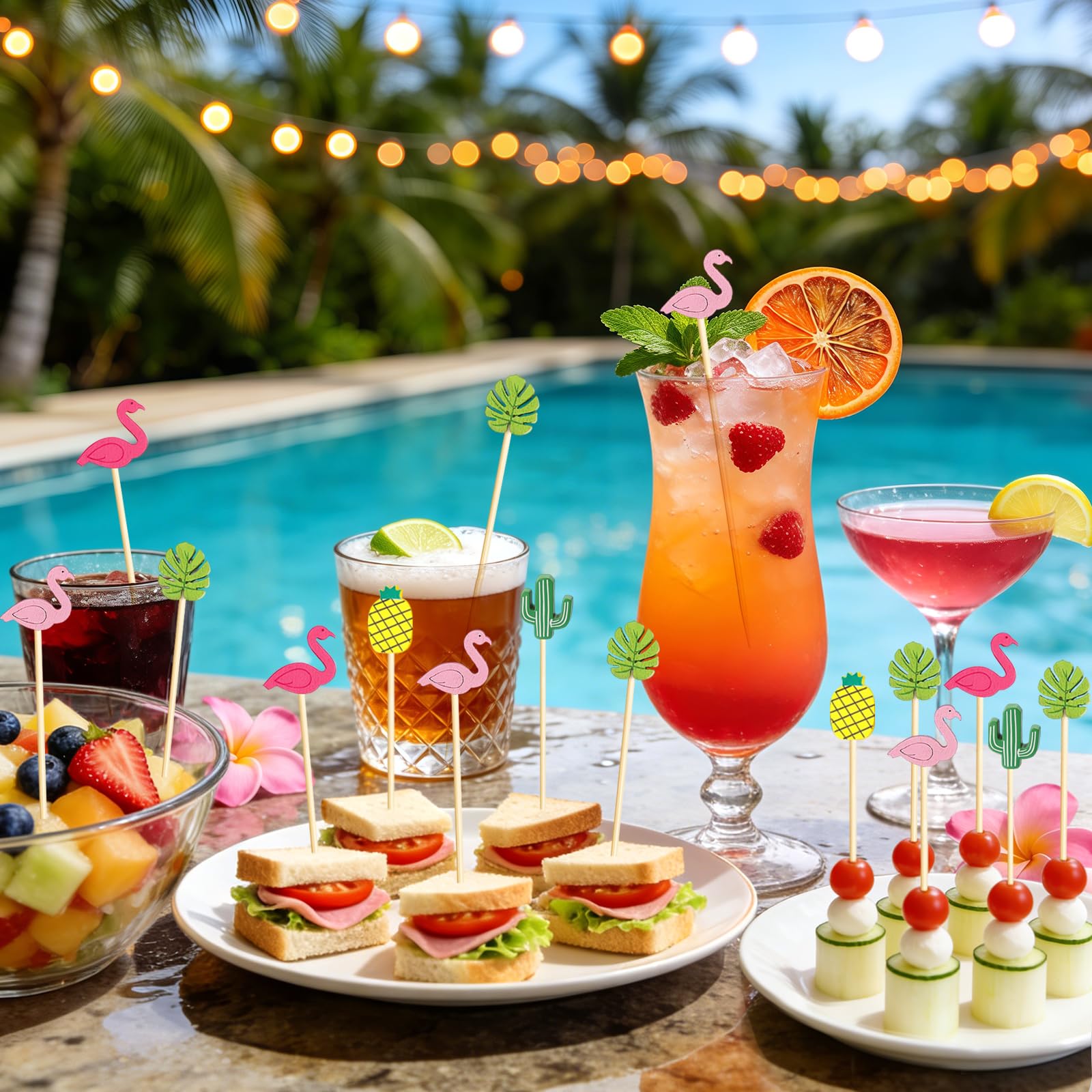 100 Palillos para Aperitivos Verano, Pinchos para Aperitivos Hawai, Palillos de Cóctel de Madera, Decoraciones Cócteles Graciosos, Decoración de Fiestas para Fruta, Postres, Tartas (Farbe-A)