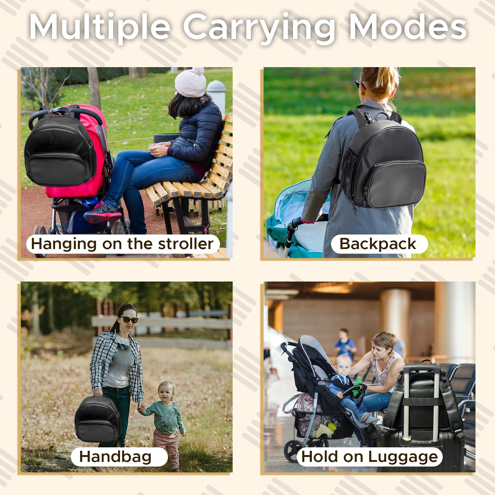 Mochila para pañales, pequeña bolsa de pañales con cambiador, mochilas de bebé para mamá, mini bolsas de maternidad de viaje con bolsillos aislados, correas para cochecito, ligera, de cuero, Negro -,