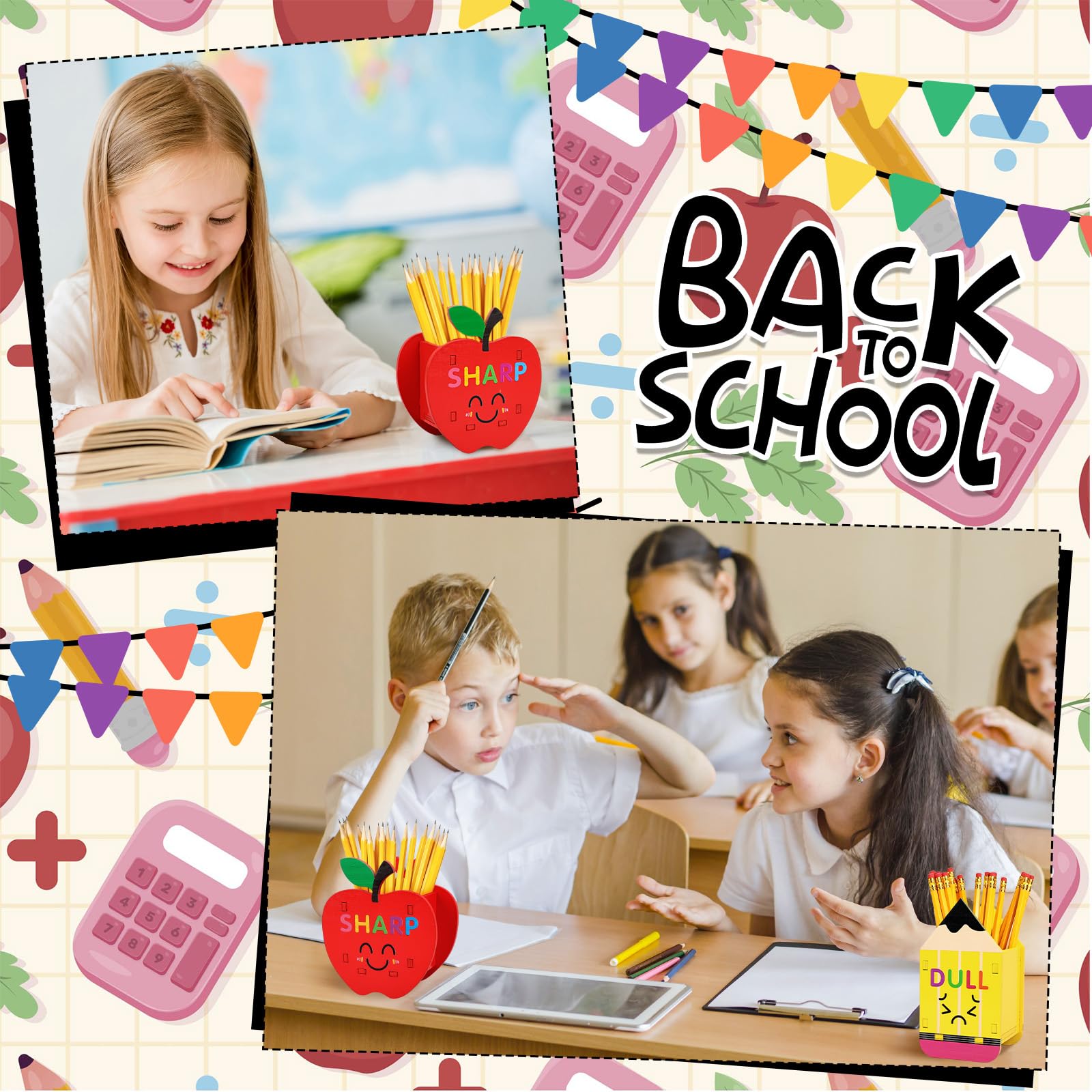 FYSUIMU Stiftehalter, scharf, stumpf, lustig, Cartoon-Bleistift, Apfel, DIY, Holzspender, Aufbewahrung für Schulanfang, Lehrer, Klassenzimmer, Organisation, 2 Stück