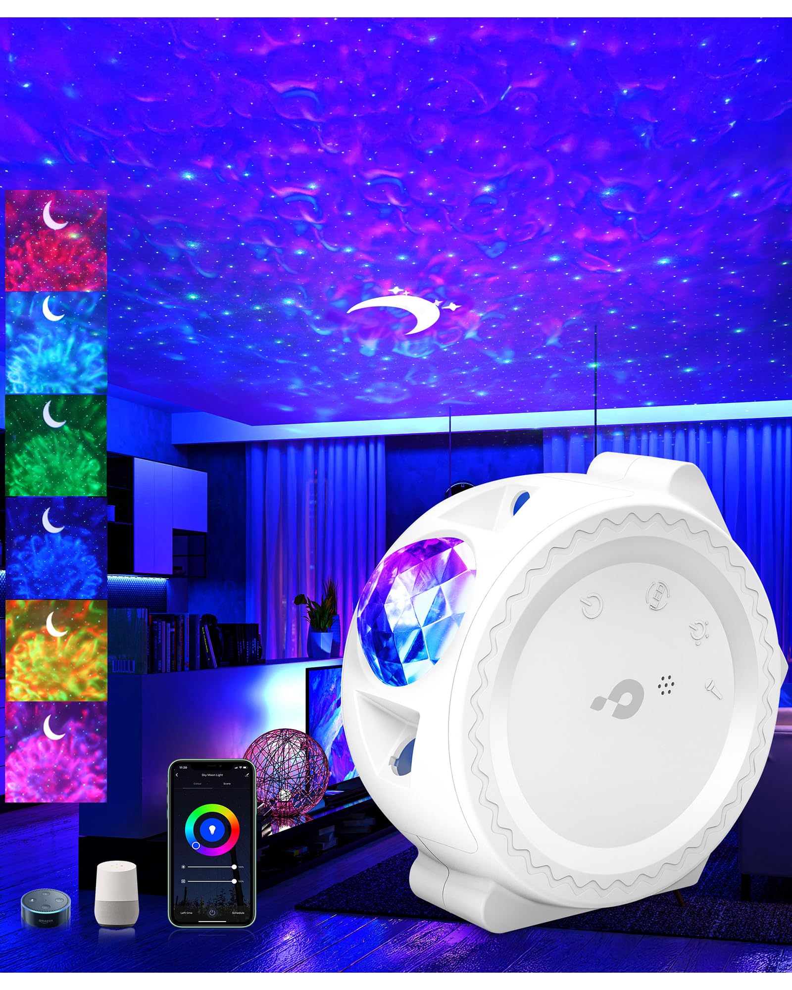 LED Alexa Proyector Estrellas, proyector de estrellas luz nocturna infantil,control de voz,sincronización,música,adecuado para niños/adultos,fiestas/dormitorios/bares/aniversario(White)