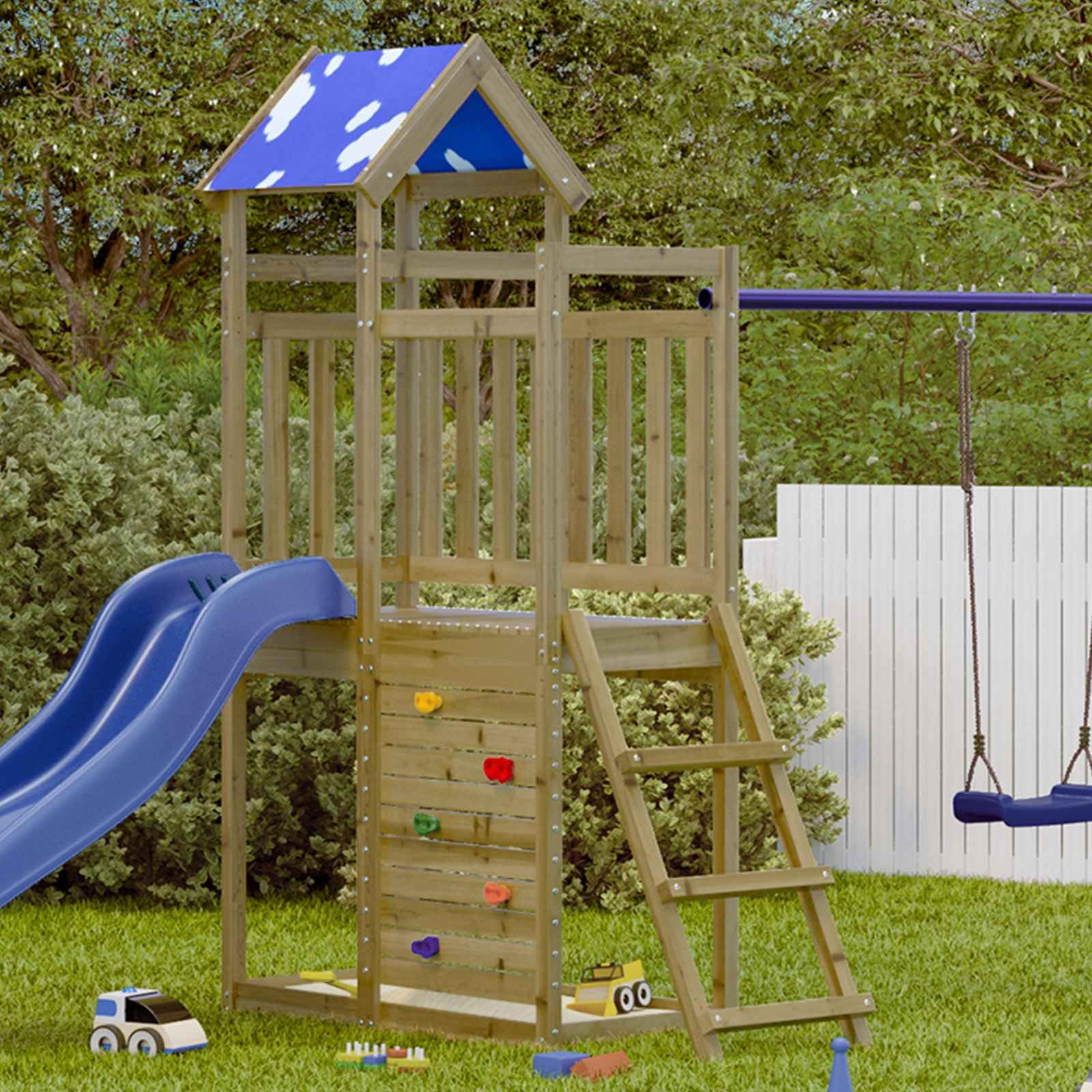 Mangloder Spielturm aus massivem imprägniertem Holz braun für Garten, Kinderhaus, Spielhütte, Klettergerüst, Rutsche, Fenster, Dach, für Kinder im Alter von 3 bis 8 Jahren, wetterfest, langlebig