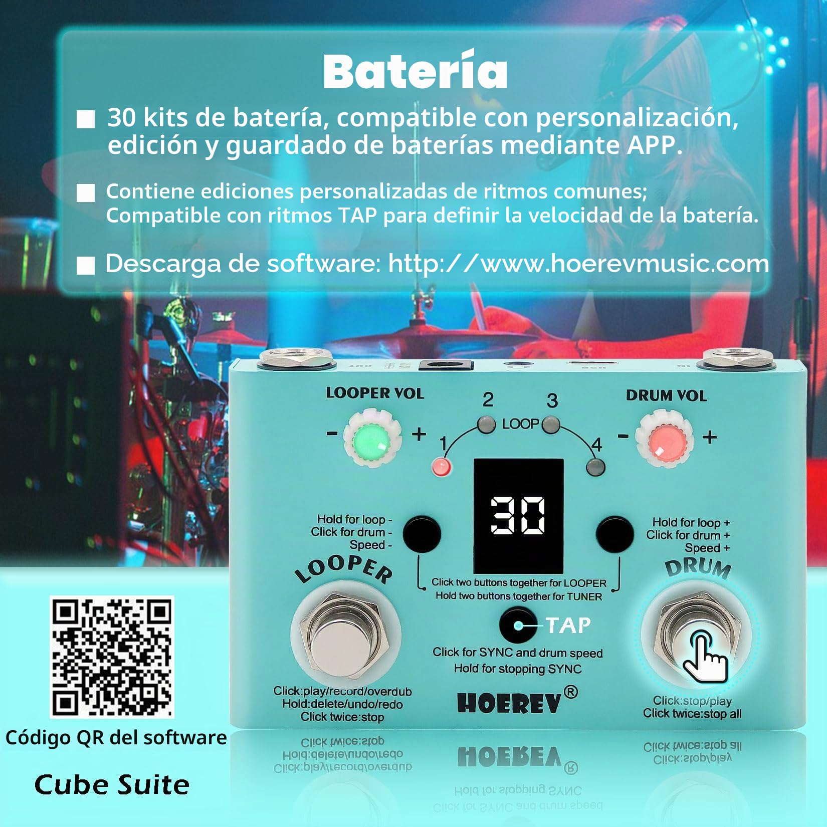 Hoerev Pedal de guitarra para estación de trabajo de audio con efecto sintonizador de tambor