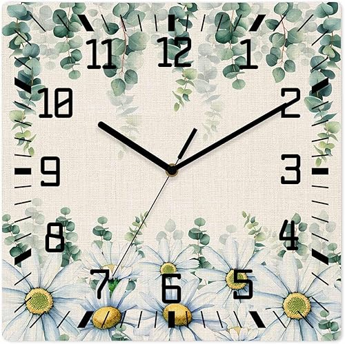 Debedcor Daisy Eucalyptus Leaves Wooden Wall Clock Silent Non Ticking, Rustic Spring Floral Botanical Square Wall Clock Battery Operated, Decor