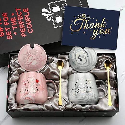 One Awesome Husband, The Best Wife Ever Kaffee Paar Tassen Geschenkset–Einzigartiges Verlobungs-Hochzeitsgeschenk für Paare – lustige Idee für Liebhaber, Freunde, Eltern, Einweihungsparty–15 OZ
