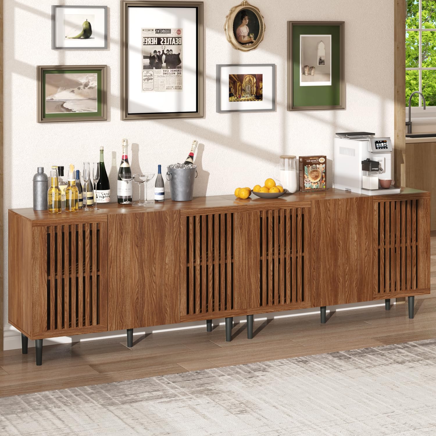 ROMMAK Storage Cabinet, 94.4" Freestanding Buffet Cabinet with 6 DIY Doors and Adjustable Shelf,Modern Sideboard Coffee Bar with Solid Wood Feet for