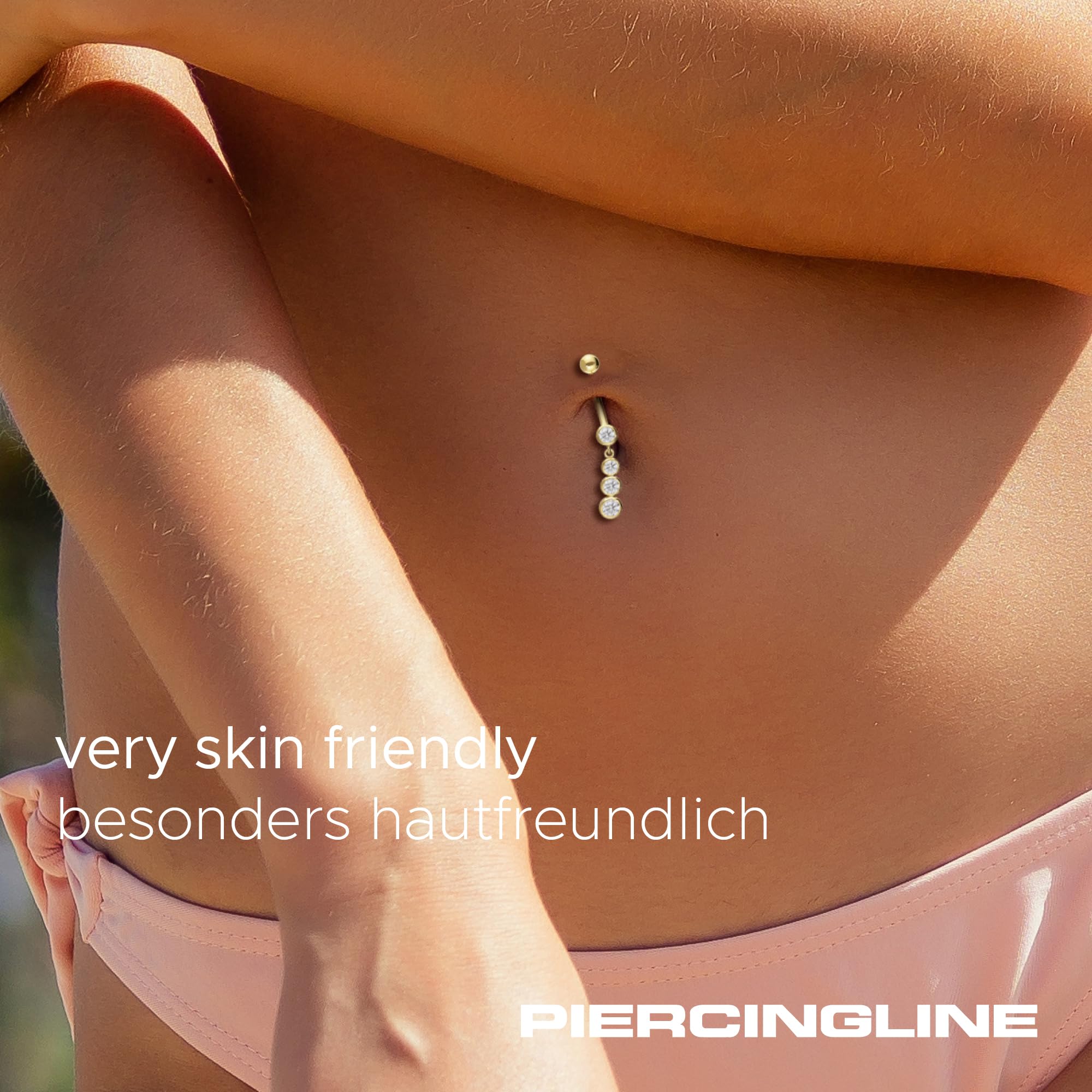 PIERCINGLINE 750er GOLD Bauchnabelpiercing 18 KARAT 4 Kristalle Piercing Bananabell Banane Gelbgold