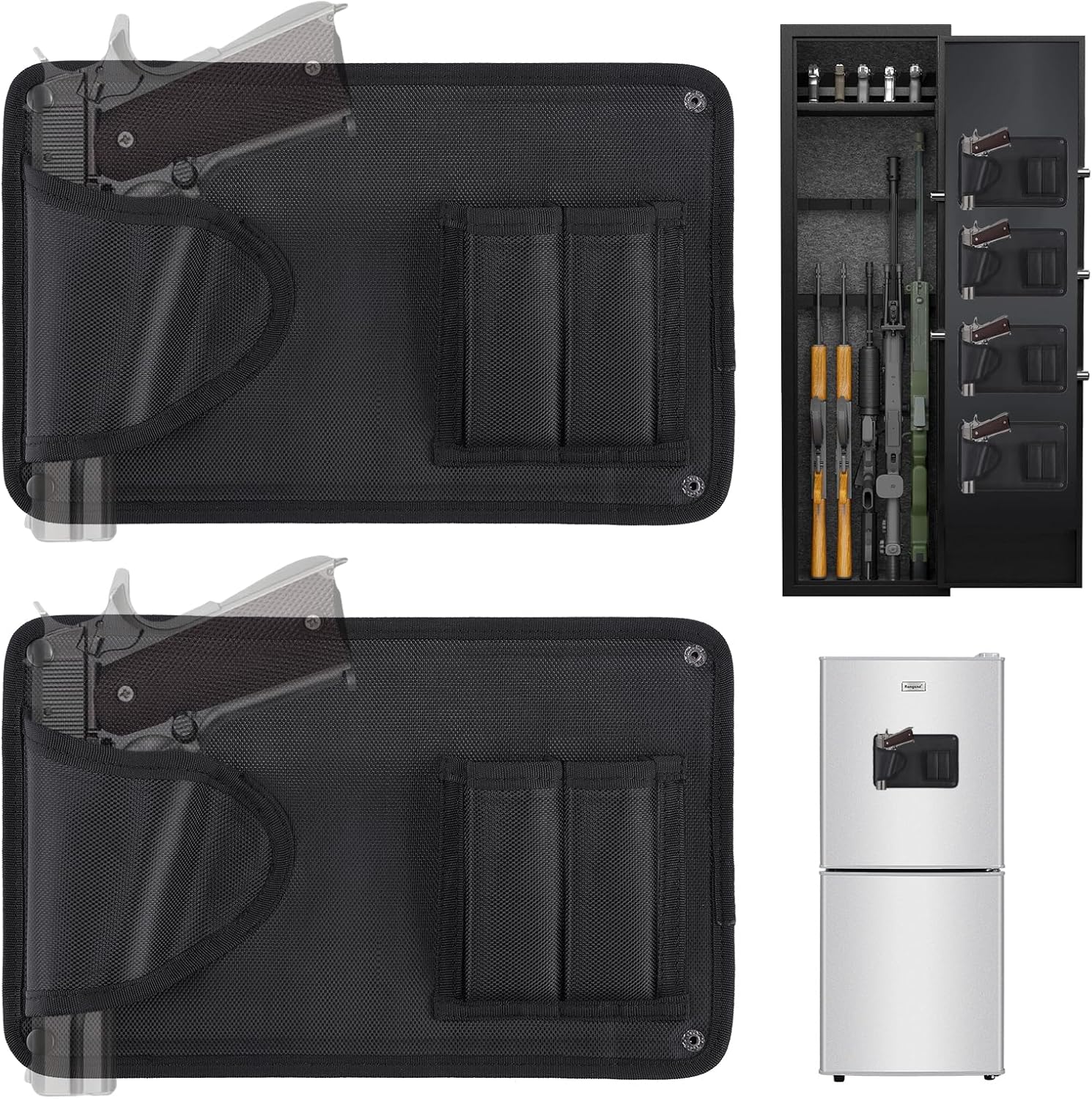 Gun Safe Door Organizer with Strong Adhesive Hook &Loop and Magnet Tape Two Way Mount, Elastic Gun Safe Pistol &Mag Holder for Most Pistols, for Indoor Storage