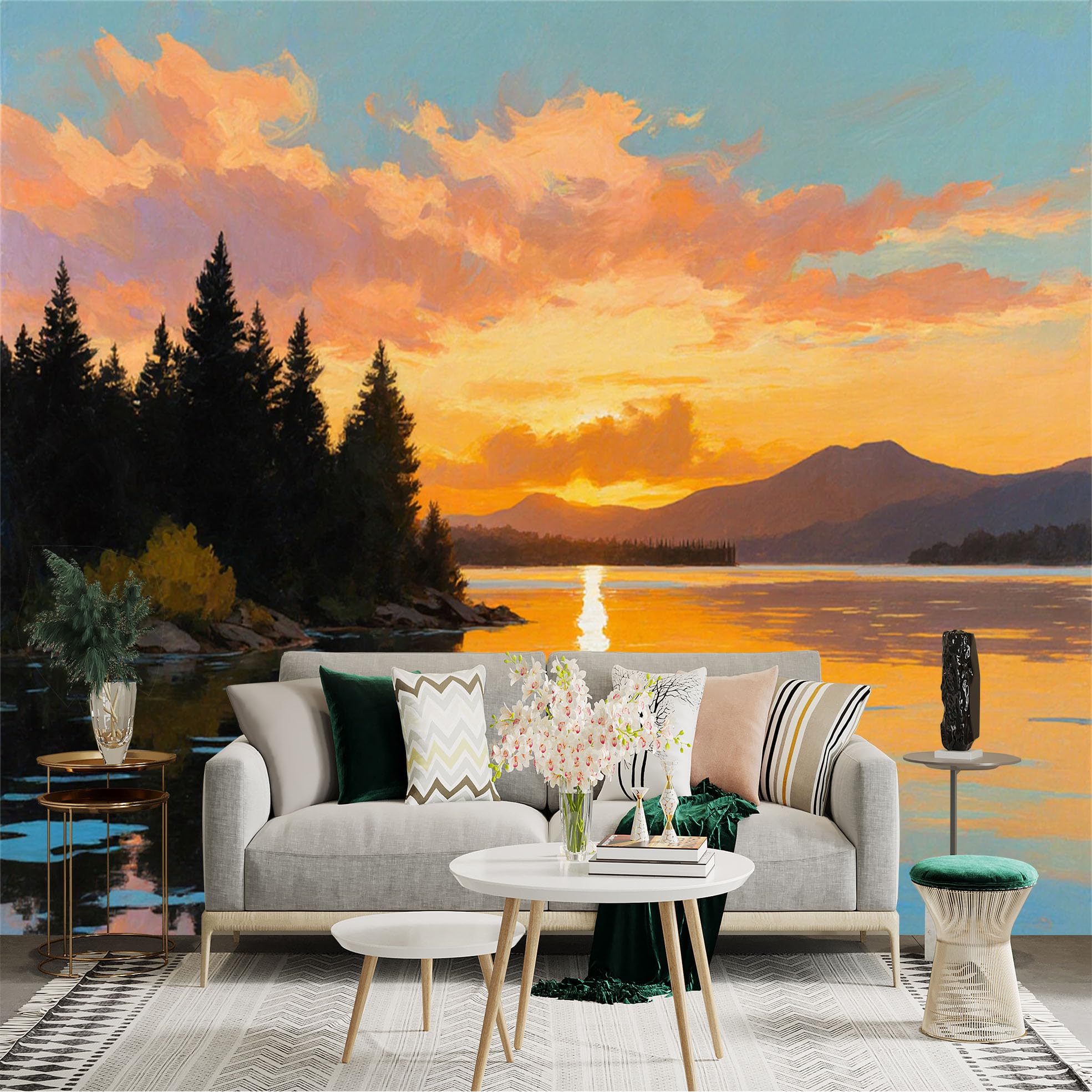 Custom Size Wall Sticker Mural， Sunset Lake with Pine Trees and Mountain Reflections， for wall Decoration， peelandstick wall Decals.