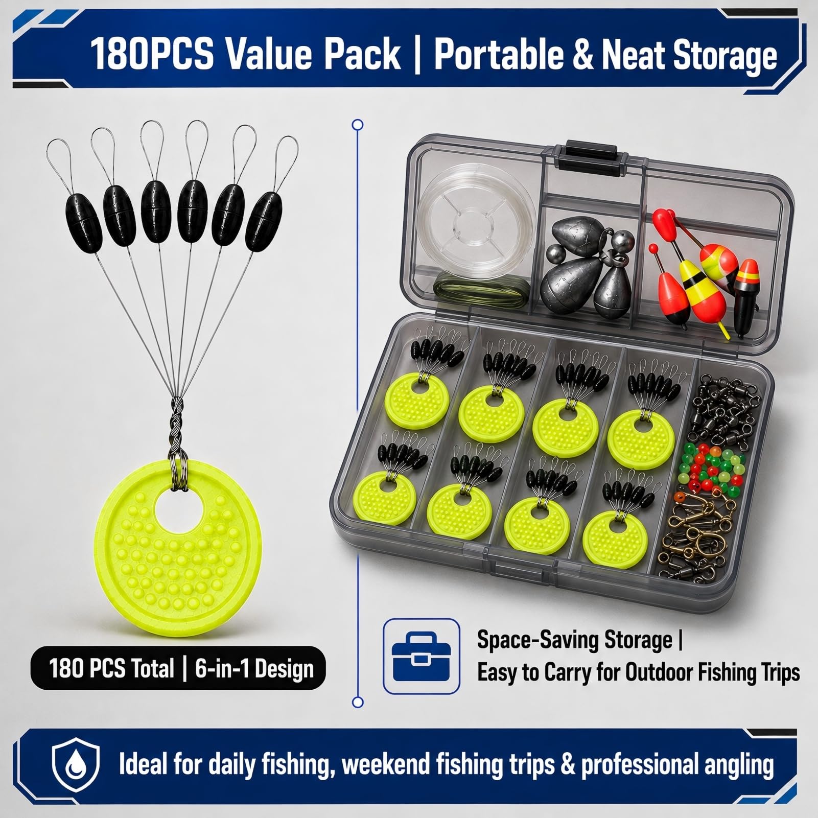180 Pezzi Stopper in Gomma da Pesca 6 in 1, Fermafilo per Lenza Fine 0,15–0,24 mm, Stopper per Galleggiante, Bobber Stopper, Accessori per Montature da Pesca alla Trota, Acqua Dolce, Mare e Lago Fine