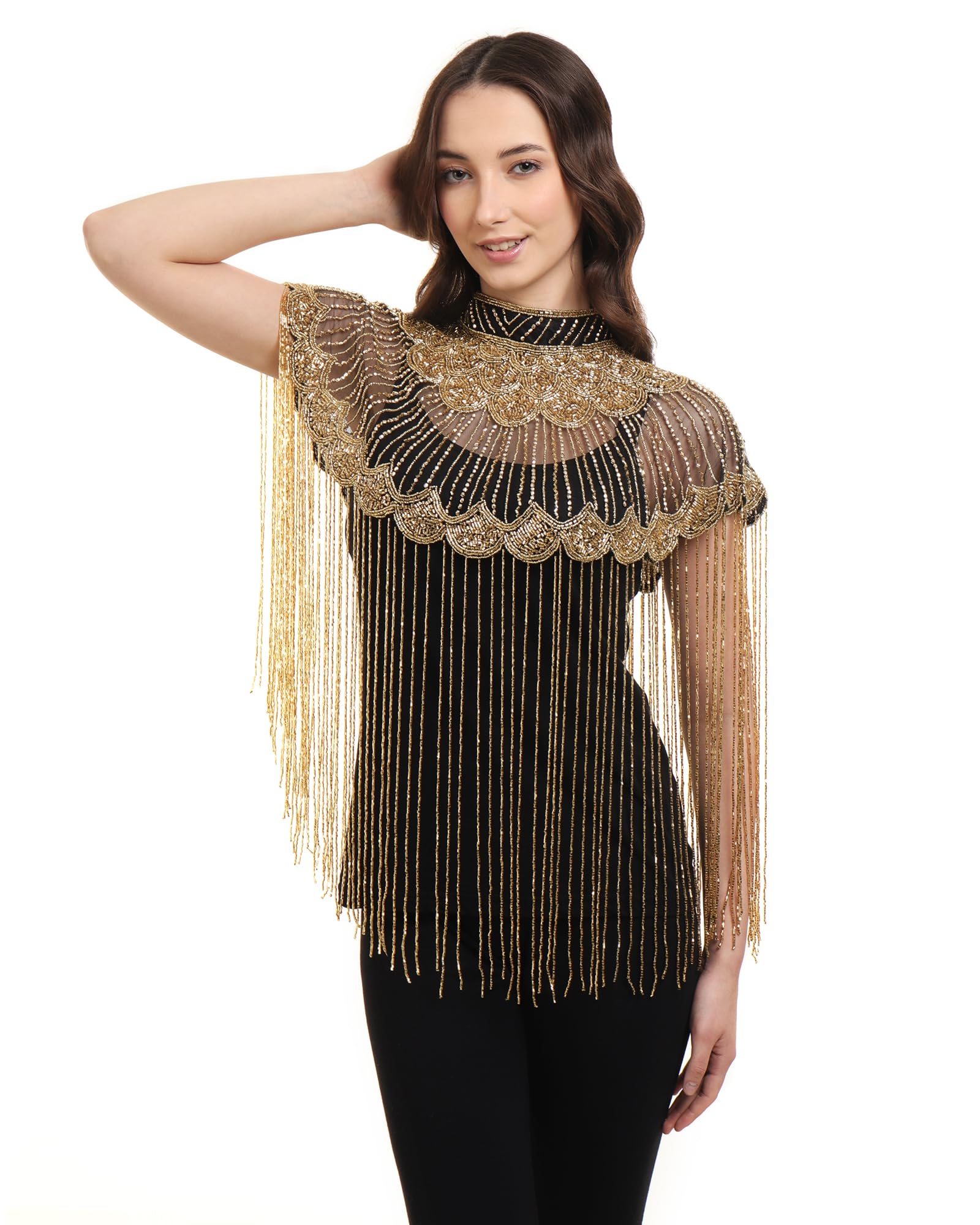 Women's Net Cape Poncho Top, Black Gold, Round-Neck, Embroidered, Short Length