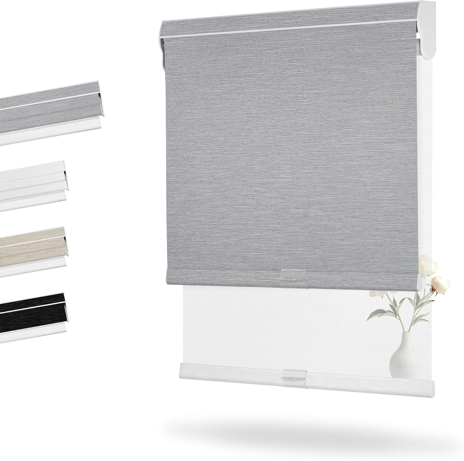 Boolegon Dual Roller Shades, Cordless Double Window Shades Blackout and Light Filtering Shades with Valance, Day and Night Roller Blinds for Home Office Door, Jacquard Grey & White, Custom Size