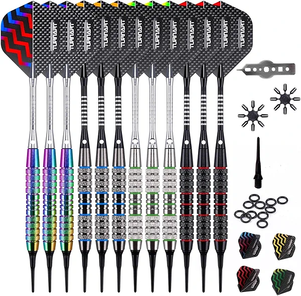 Turnart Darts Plastic Tip - Professional Soft Tip Darts Set for Electronic Dartboard 12 Pcs 18 Grams with 50 Extra Tips 24 Flights 2 Flight Protctors and Tool Kit Gift Darts Colorful