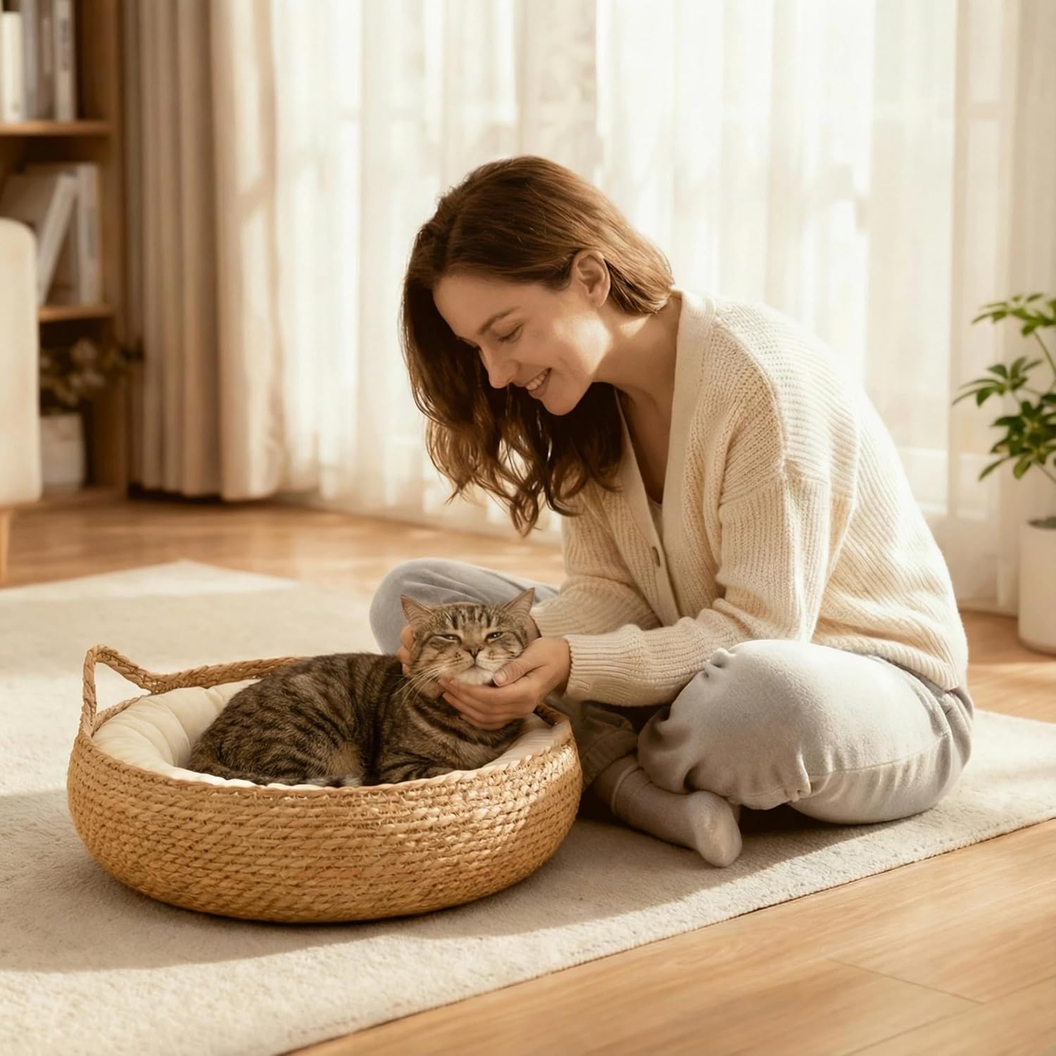17" Woven Cat Basket Bed for Cats, Pet House with Cooling Mat & Soft Cushion for All Seasons - Washable, Handmade Braided Cattail Leaf, Boho Style, Cream White