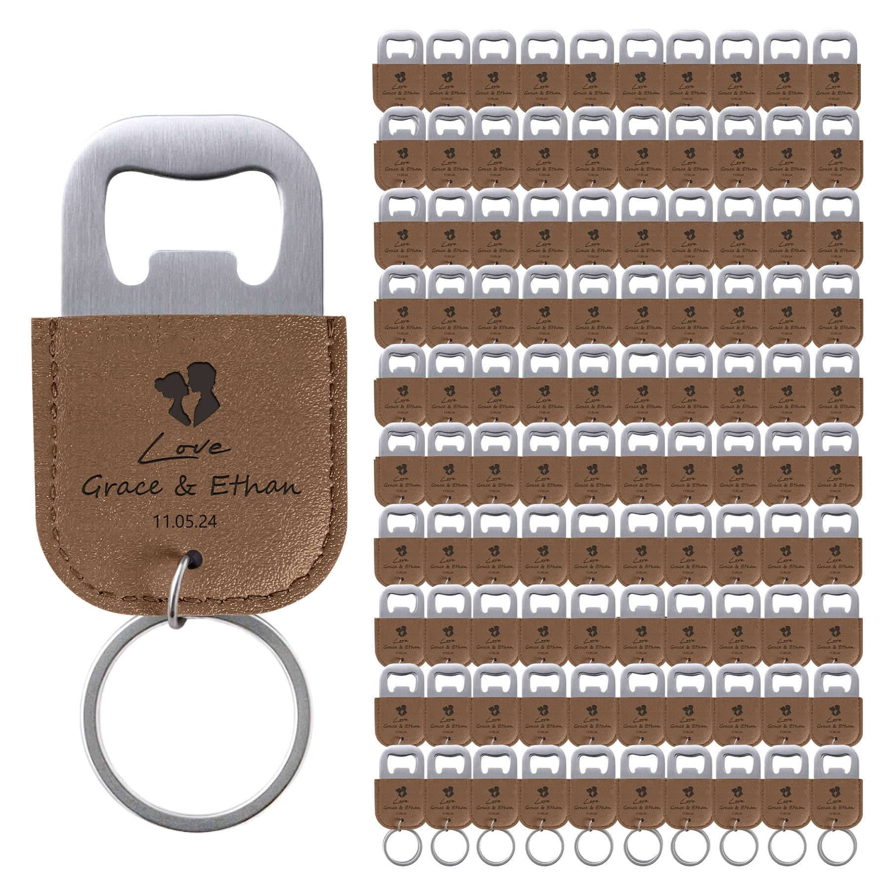100 Stück Personalisierte Flaschenöffner Schlüsselanhänger mit Gravur - Hochzeitsgeschenke für Gäste aus PU-Leder in Khaki | Bieröffner & Brautgeschenke mit Lasergravur
