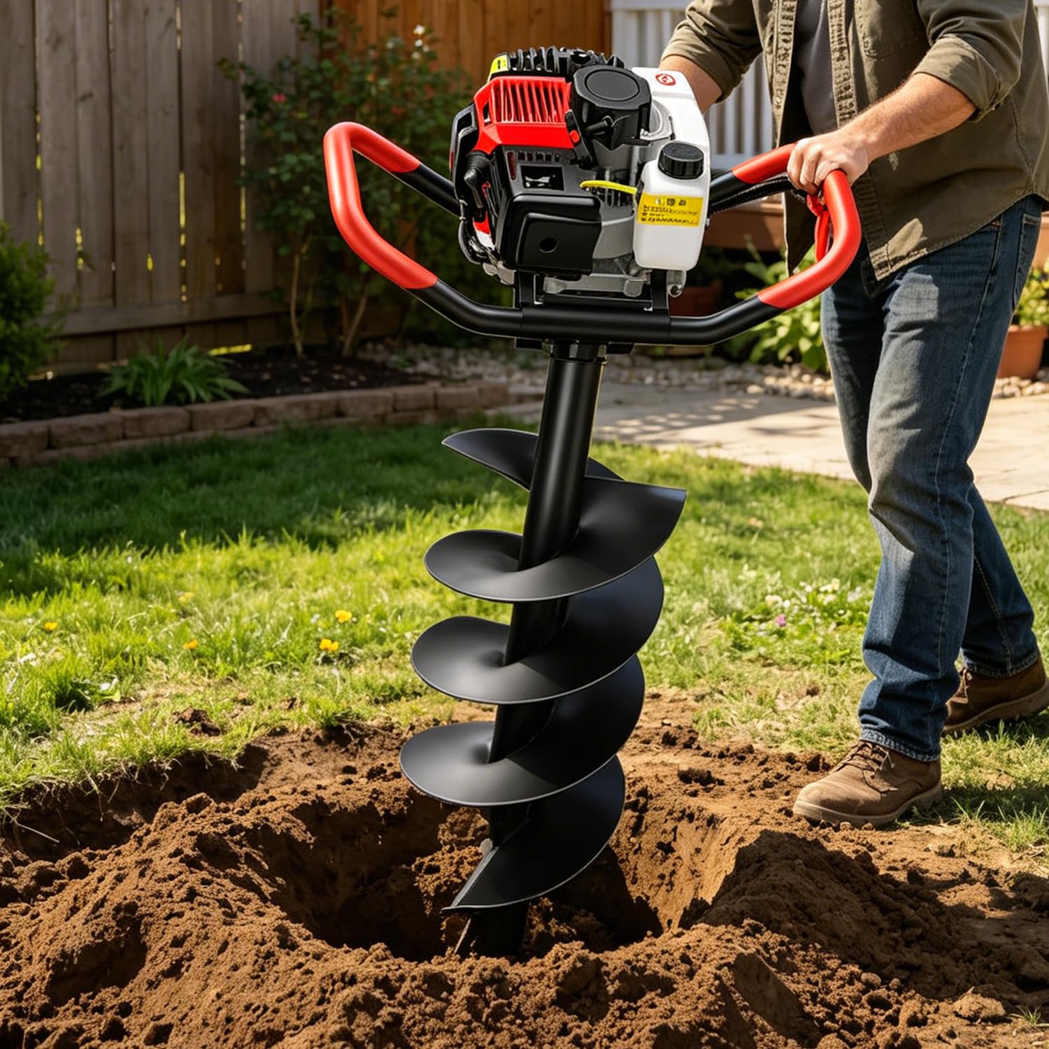 Mototrivella a Scoppio Leggera ed Ergonomica 199cc,Trivella a Terra per Fondamenta,Pali e Recinzioni,Motore 4 Tempi Affidabile,per Giardino e Lavori all’Aperto 15cm