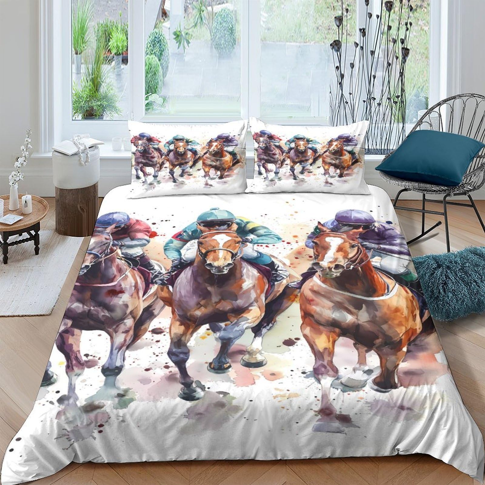 Ctjqhvkz Style-9 3D Printed Horse Racing Fitted Sheet Microfiber Soft Anti-Slip Bed Cover Watercolor Jockey Pattern For Bedroom Dorm Decor Single（135X200cm）