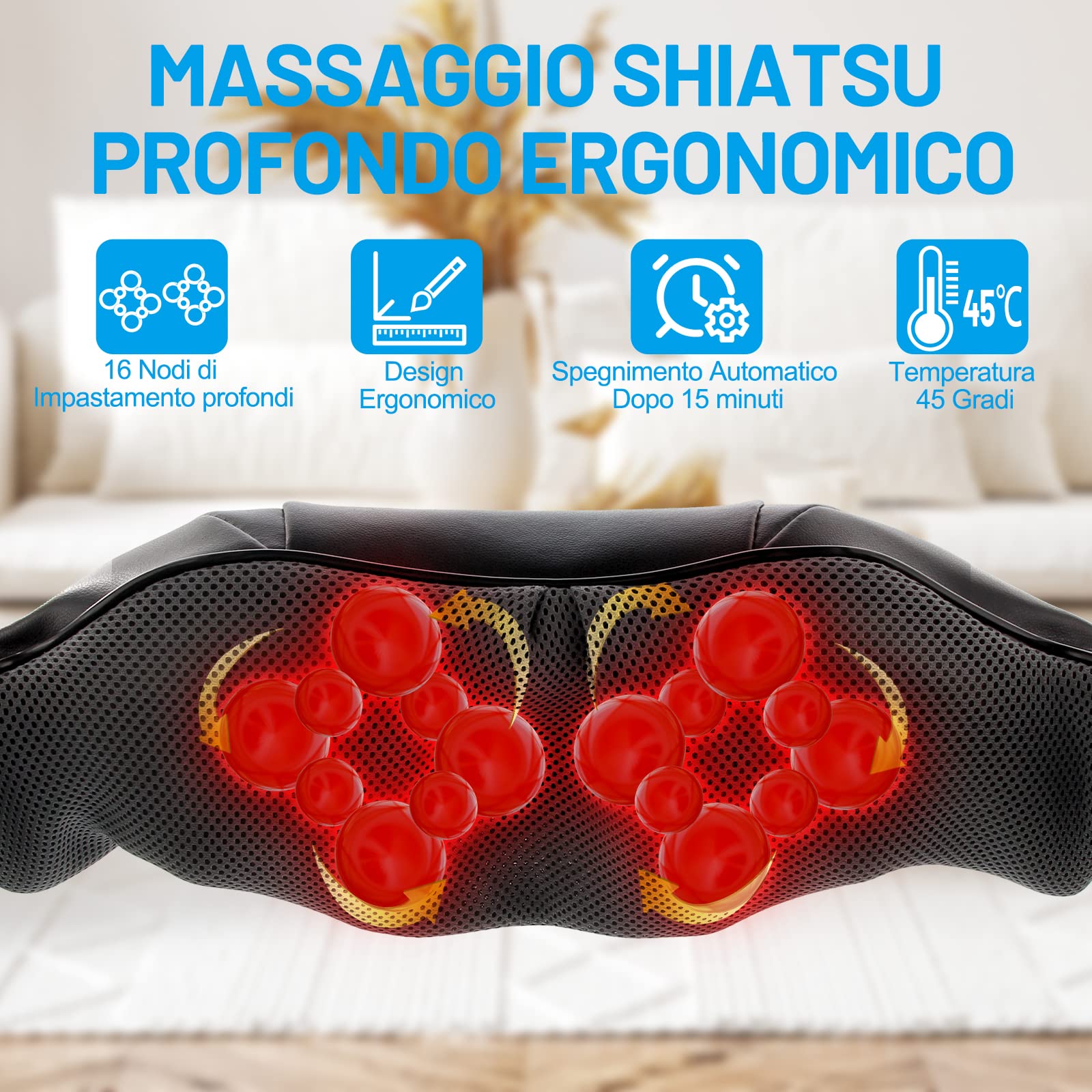 TAKRINK Massaggiatore Cervicale Riscaldato Massaggiatore Schiena 16 Palline Massaggio e 3 Velocità Regolabili Massaggio Shiatsu Elettrico Profondo Cavo di Alimentazione 1.8 m Cavo di Auto 1.2 m