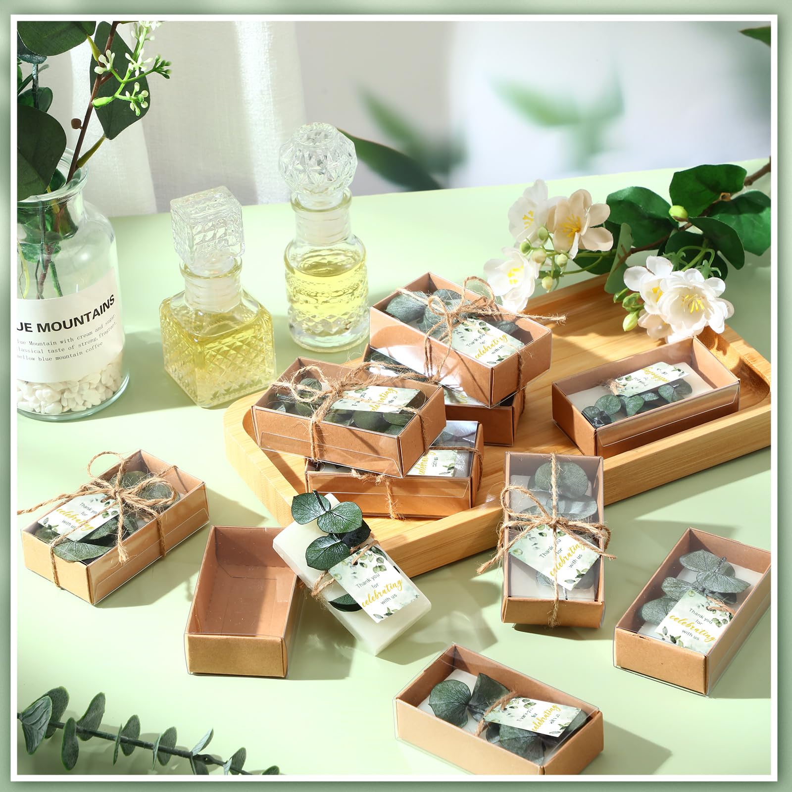 50 Sets Mini-Eukalyptus-Seifen, handgefertigte Seifen, Hochzeitsseife, Partygeschenke, Babyparty-Geschenke für Gäste, mit Dankeskarten, Box für Brautparty, Hochzeit
