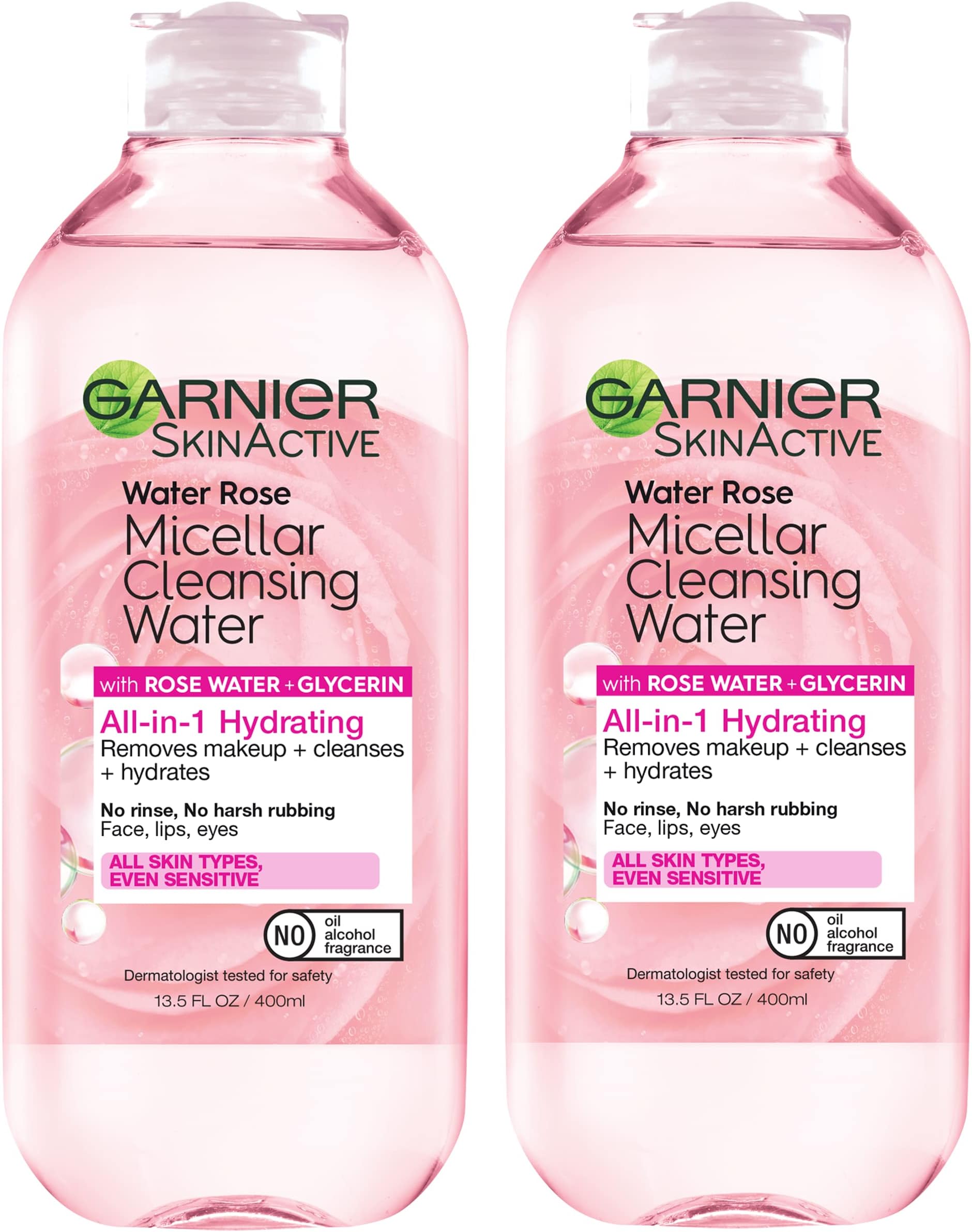 Micellar Water with Rose Water and Glycerin, Hydrating Facial Cleanser & Makeup Remover, For All Skin Types, Vegan, Cruelty Free, 13.5 Fl Oz (400mL), 2 Count