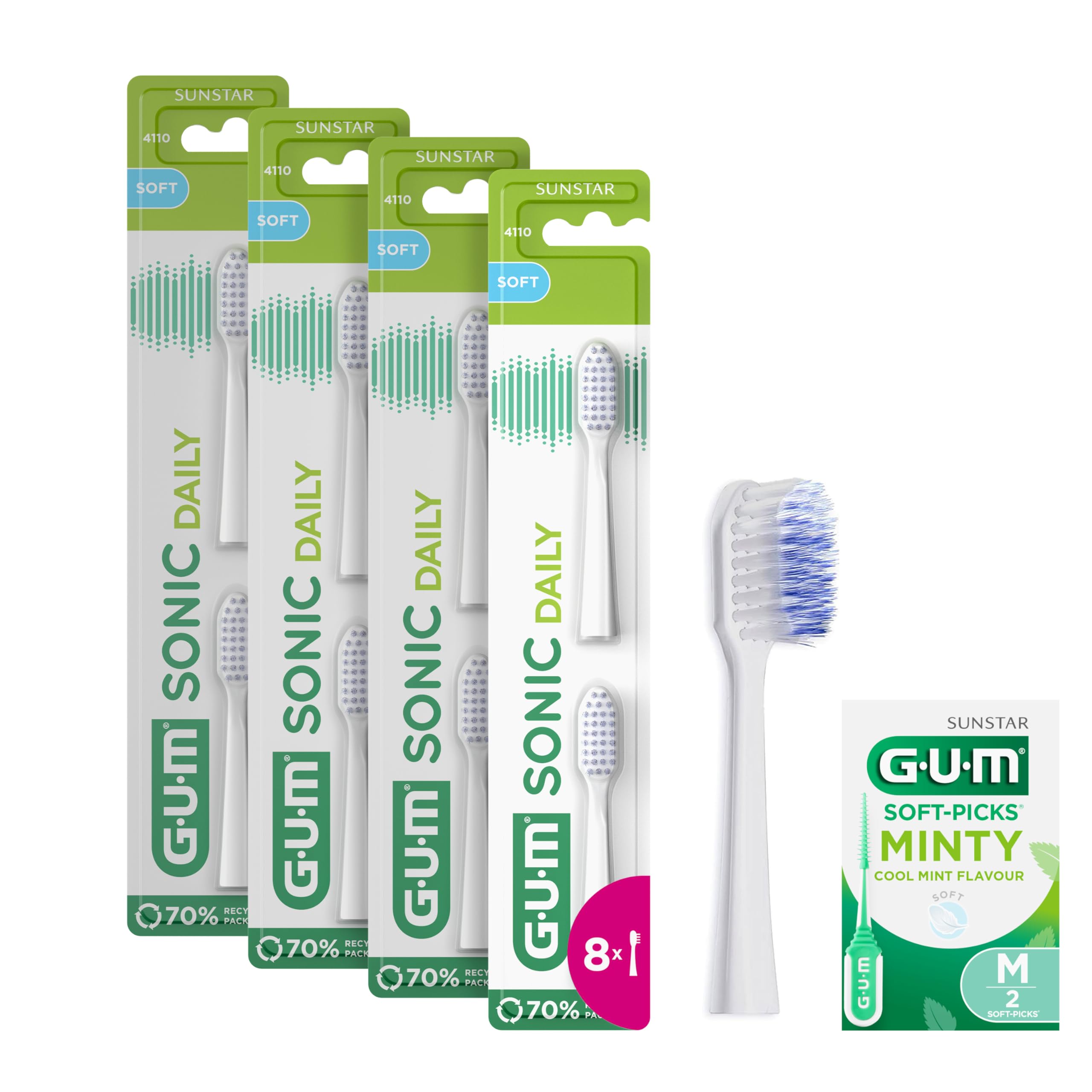 GUM Sonic Daily - Testine di ricambio per spazzolino sonico GUM Sonic Daily, setole morbide e microfini per una pulizia delicata e accurata, ogni giorno, 4 x 2 pezzi (Bianco) +1 bonus sample