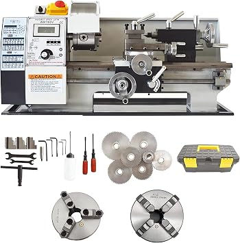 INTSUPERMAI Mini Metal Lathe 7"12" Inch/Metric Thread Hobby DIY Lathe 4 Jaw/3 Jaw Chuck Metal Wood Plastic Lathe Variable Speed Benchtop Metal Lathe Brushless Motor Metal Turning Machine 110V