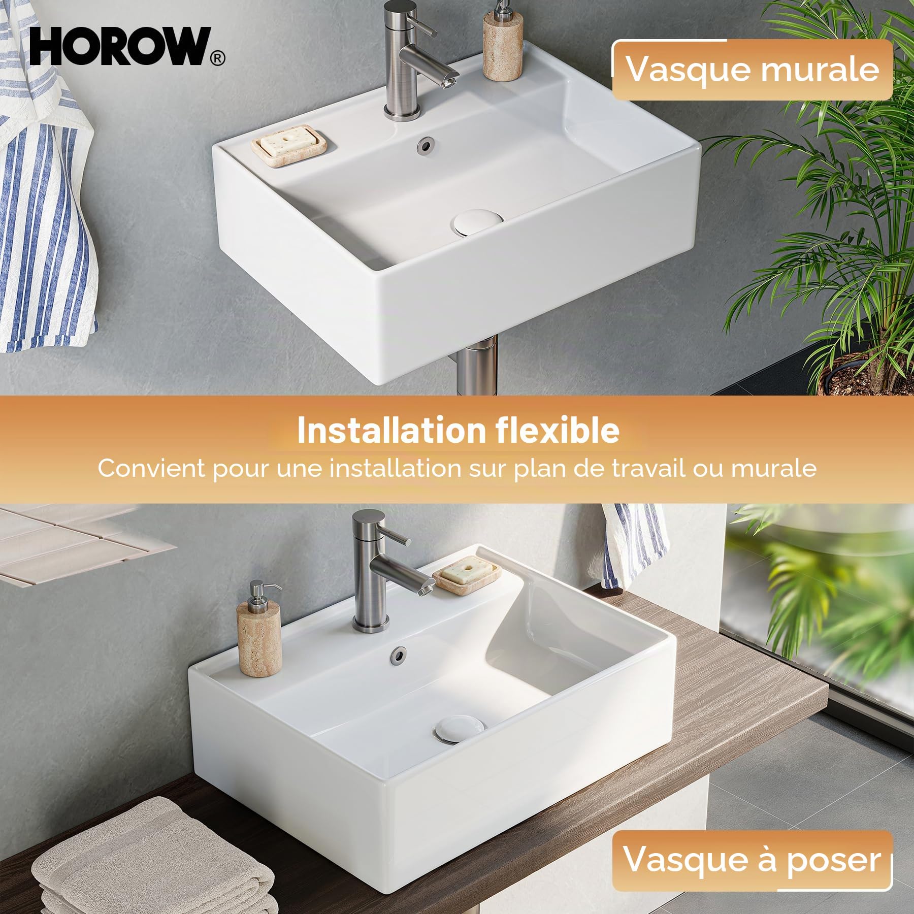 HOROW Petit lavabo blanc - Lavabo mural carré - Pour toilettes d'invités - Lavabo suspendu ou à poser - Avec trou de robinet - 45 x 31 cm - Sans robinet