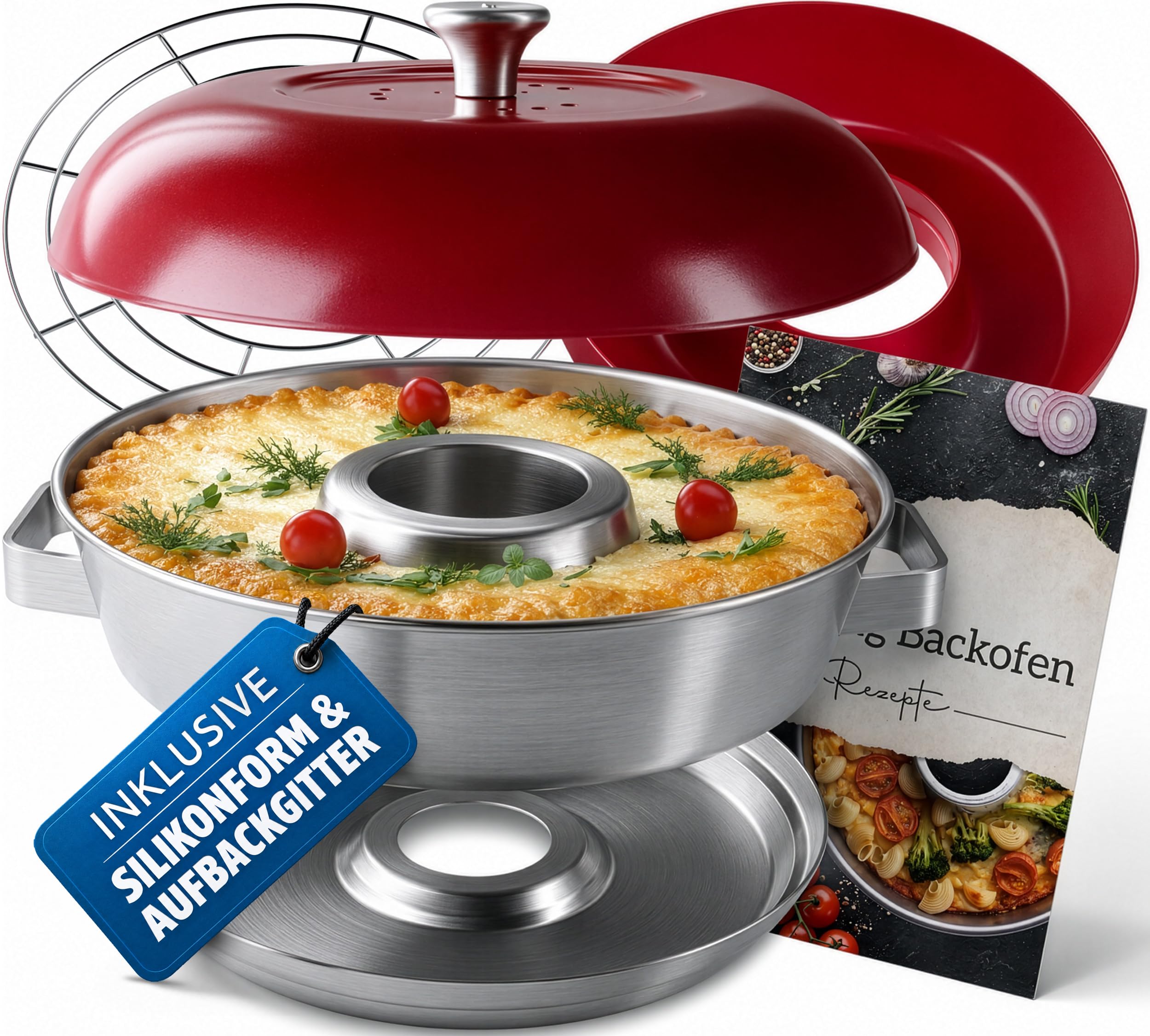 Camping Backofen – Edelstahl Camping Ofen Set + Silikonform & Aufbackgitter