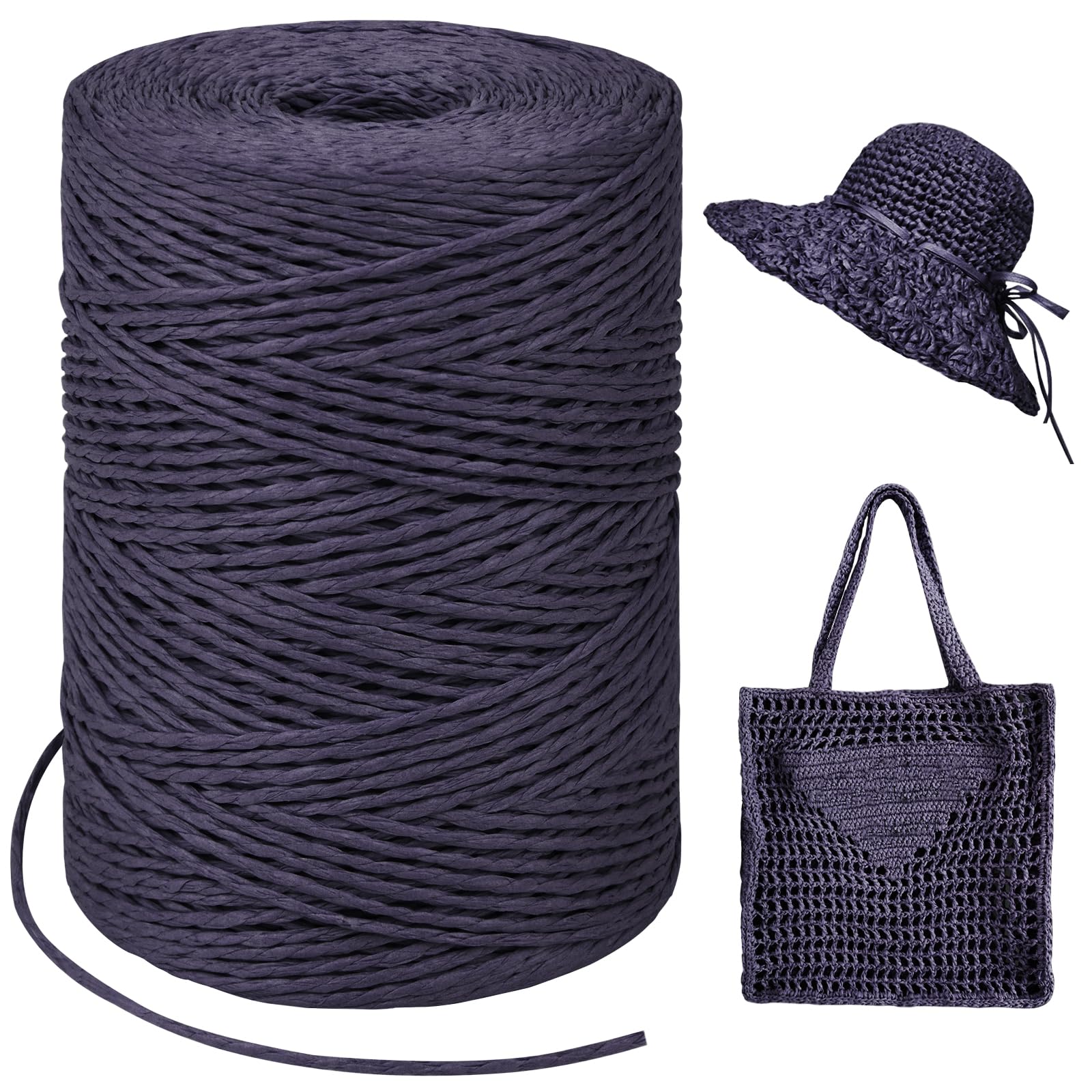 Deep Purple Raffia Yarn for Crochet Bags, 1.5mm x 328 Yards Round String Raffia Ribbon for Gift Wrapping, Raffia Paper Ribbon Yarn for Crocheting Sun Hat, Bag, DIY Crafts, Holiday Decoration