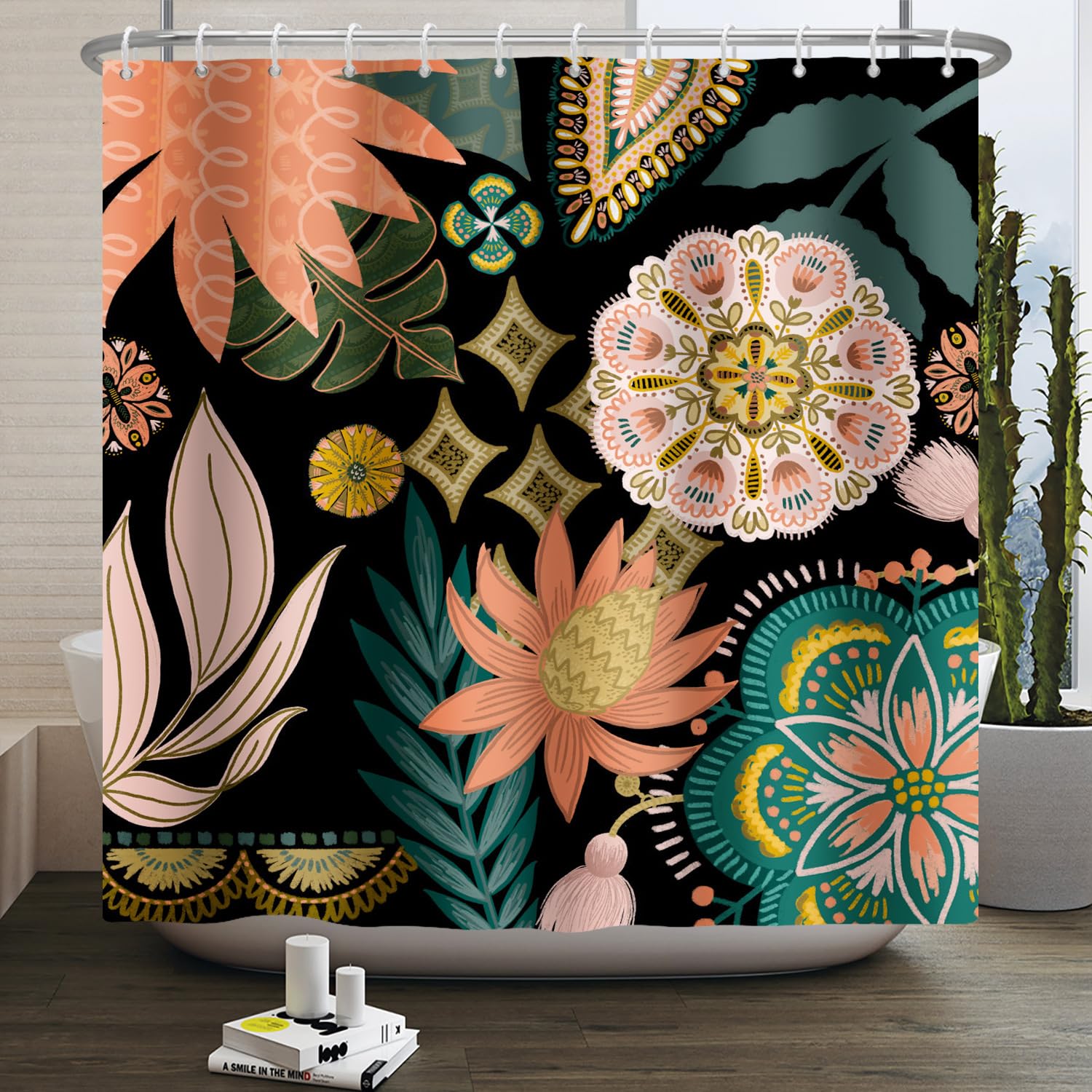 Zzdxw Pink/Green Shower Curtain Mandala Shower Curtains Mould Proof Resistant Waterproof Wet Room Shower Curtain Washable Weighted Shower Curtains Includes 12 Hooks Bathroom Curtains(180X180cm)