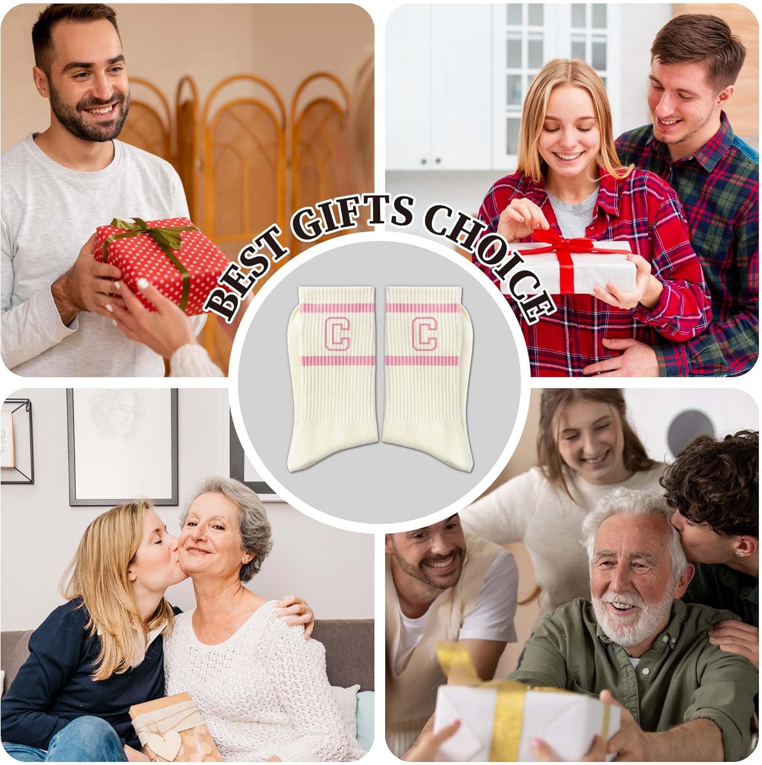 Pink and White Striped Crew Socks with the Letter, Classic Varsity Sports Style Monogram Socks - Image 2