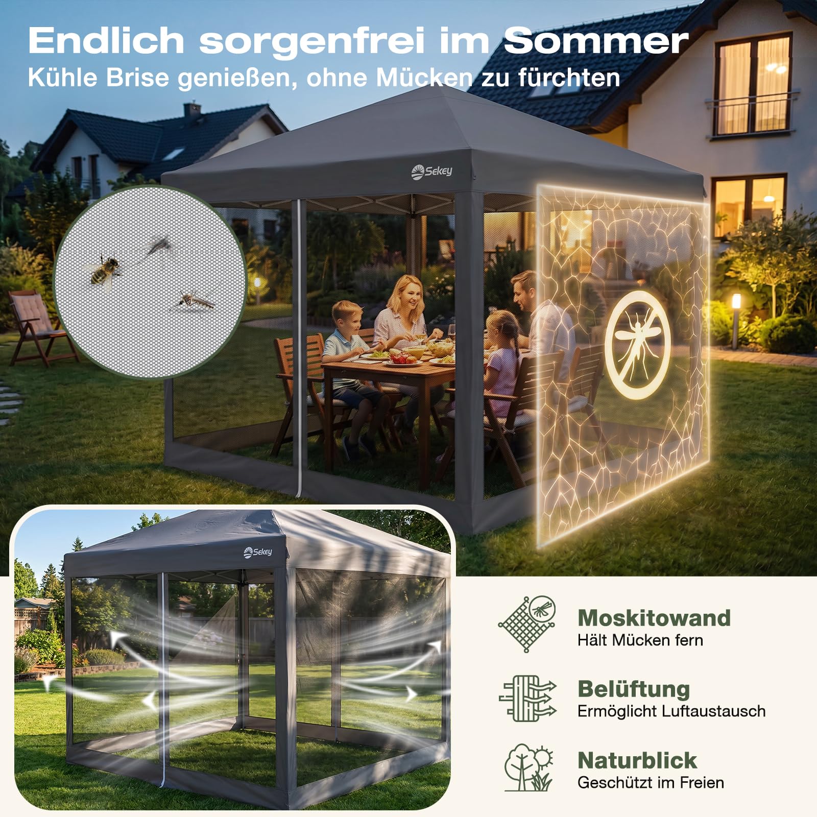 Sekey Pop Up Pavillon 3x3m Wasserdicht Stabil Winterfest mit moskitonetz, Höhenverstellbar Gartenpavillon mit 4 Seitenwänden, Faltpavillon 3x3 mit 4 Sandsäcke, (Grau-Insektenschutz)